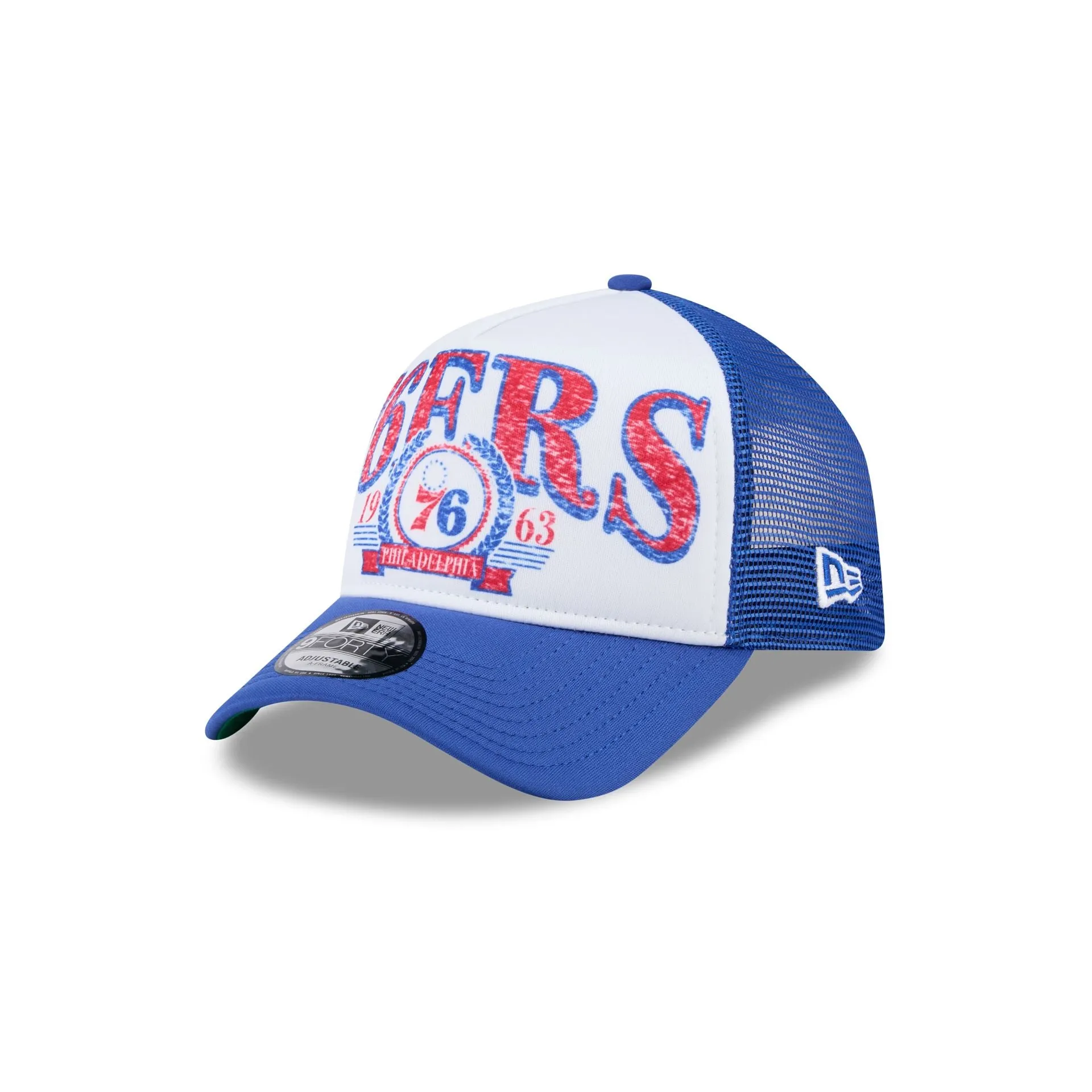 Philadelphia 76ers Distressed 9FORTY A-Frame Trucker Hat sold by New Era