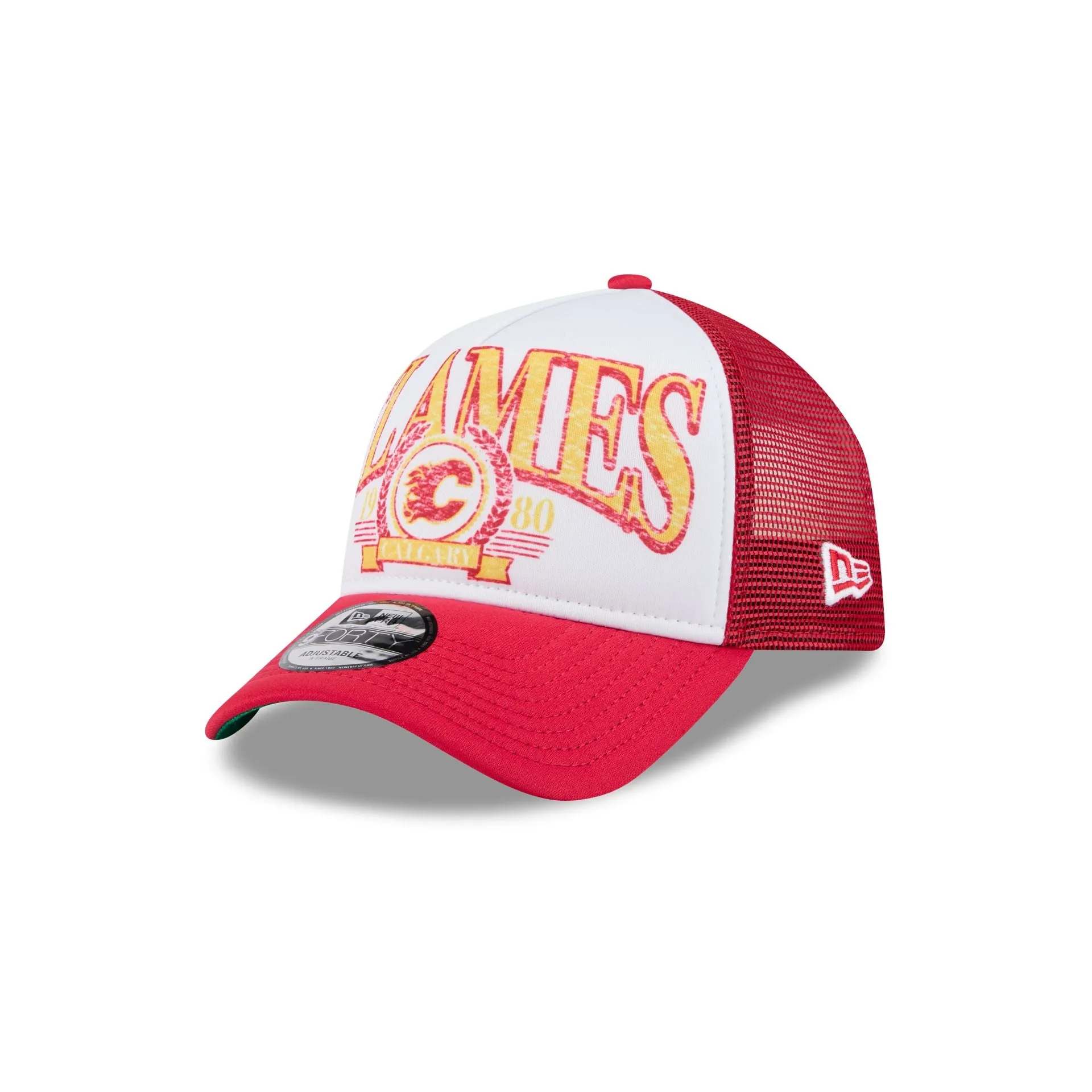 Calgary Flames Distressed 9FORTY A-Frame Trucker Hat sold by New Era