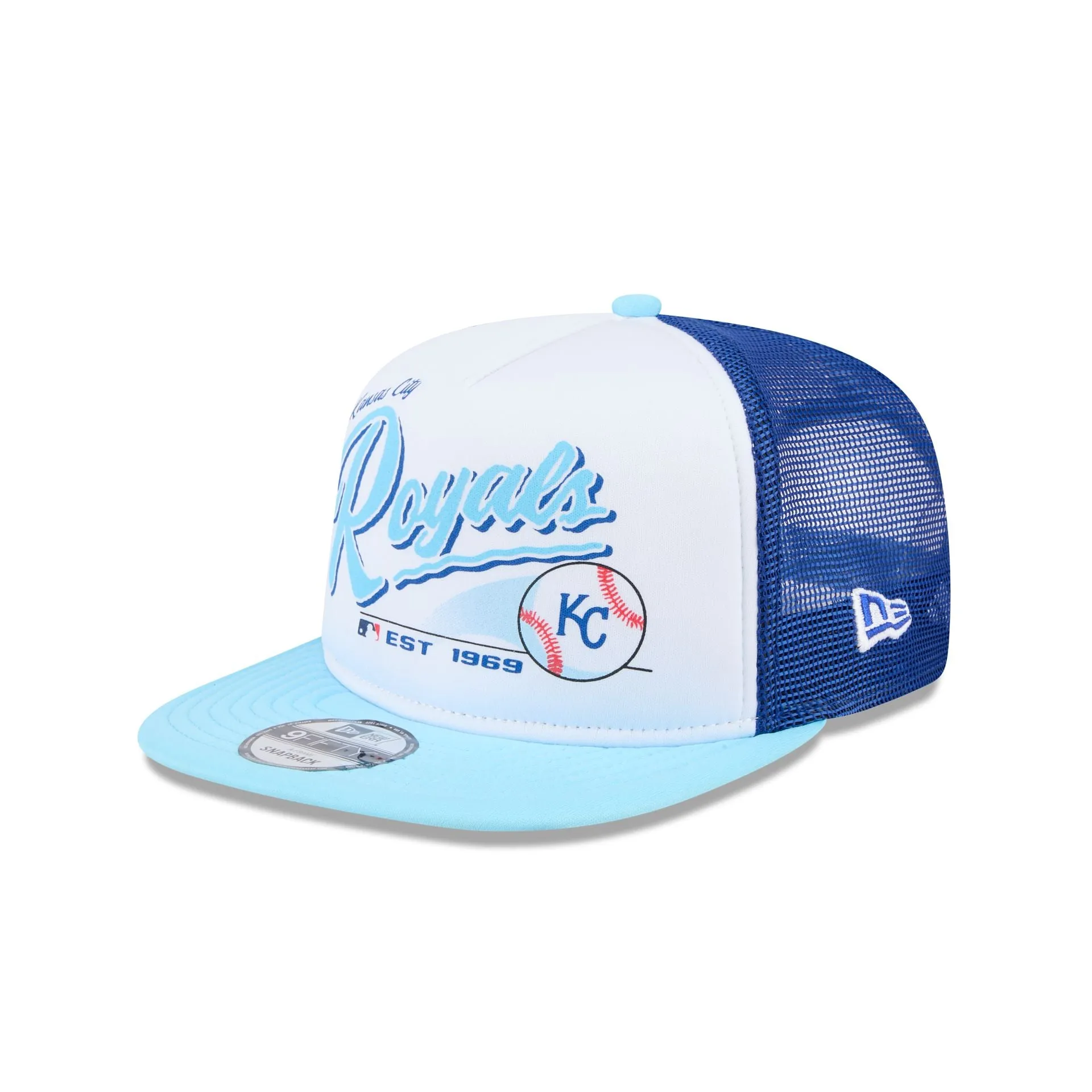 Kansas City Royals Retro Script 9FIFTY A-Frame Trucker Hat sold by New Era
