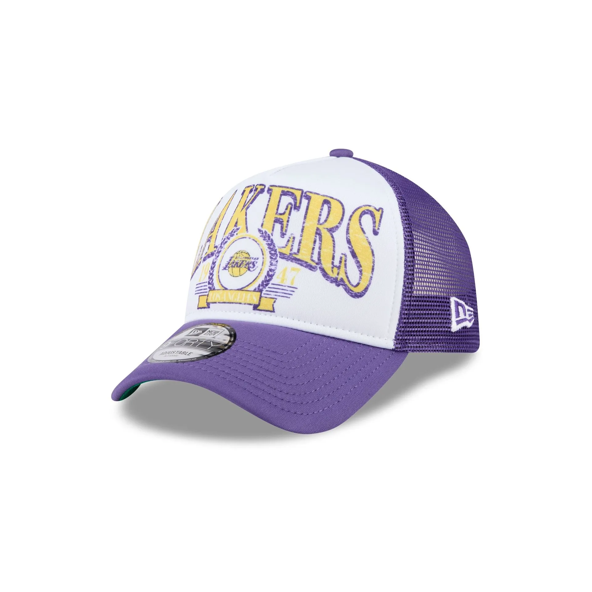 Los Angeles Lakers Distressed 9FORTY A-Frame Trucker Hat sold by New Era