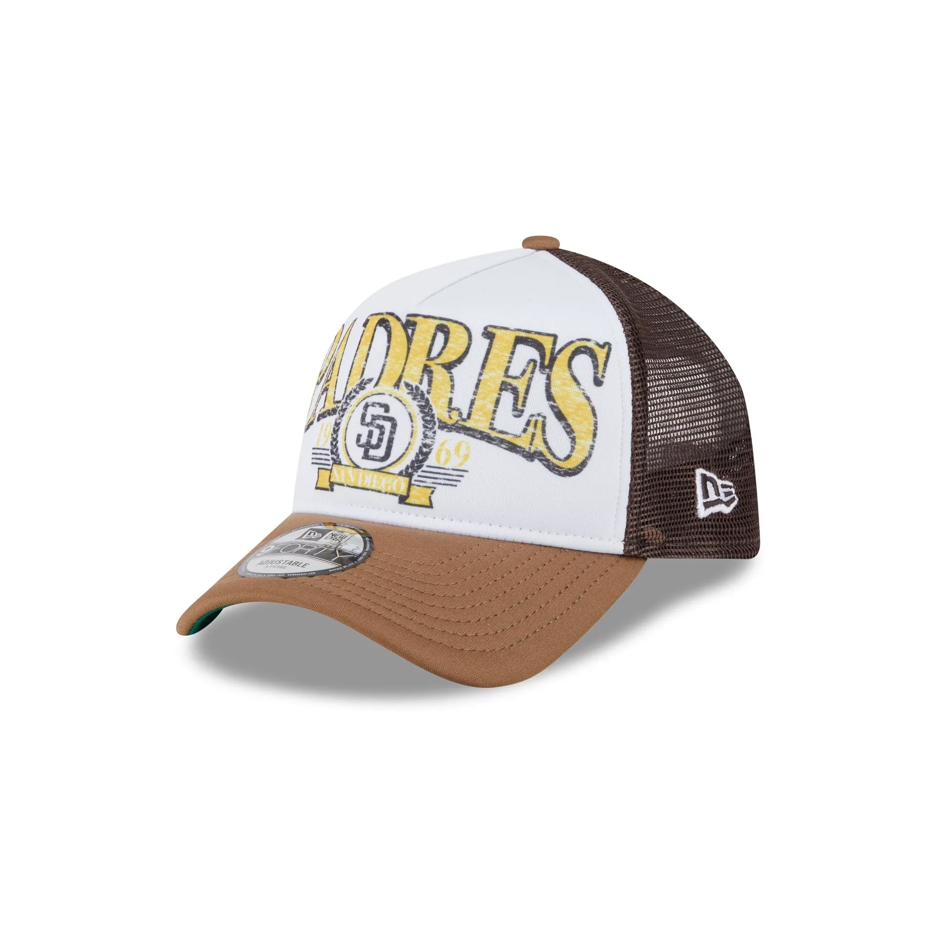 San Diego Padres Distressed 9FORTY A-Frame Trucker Hat sold by New Era