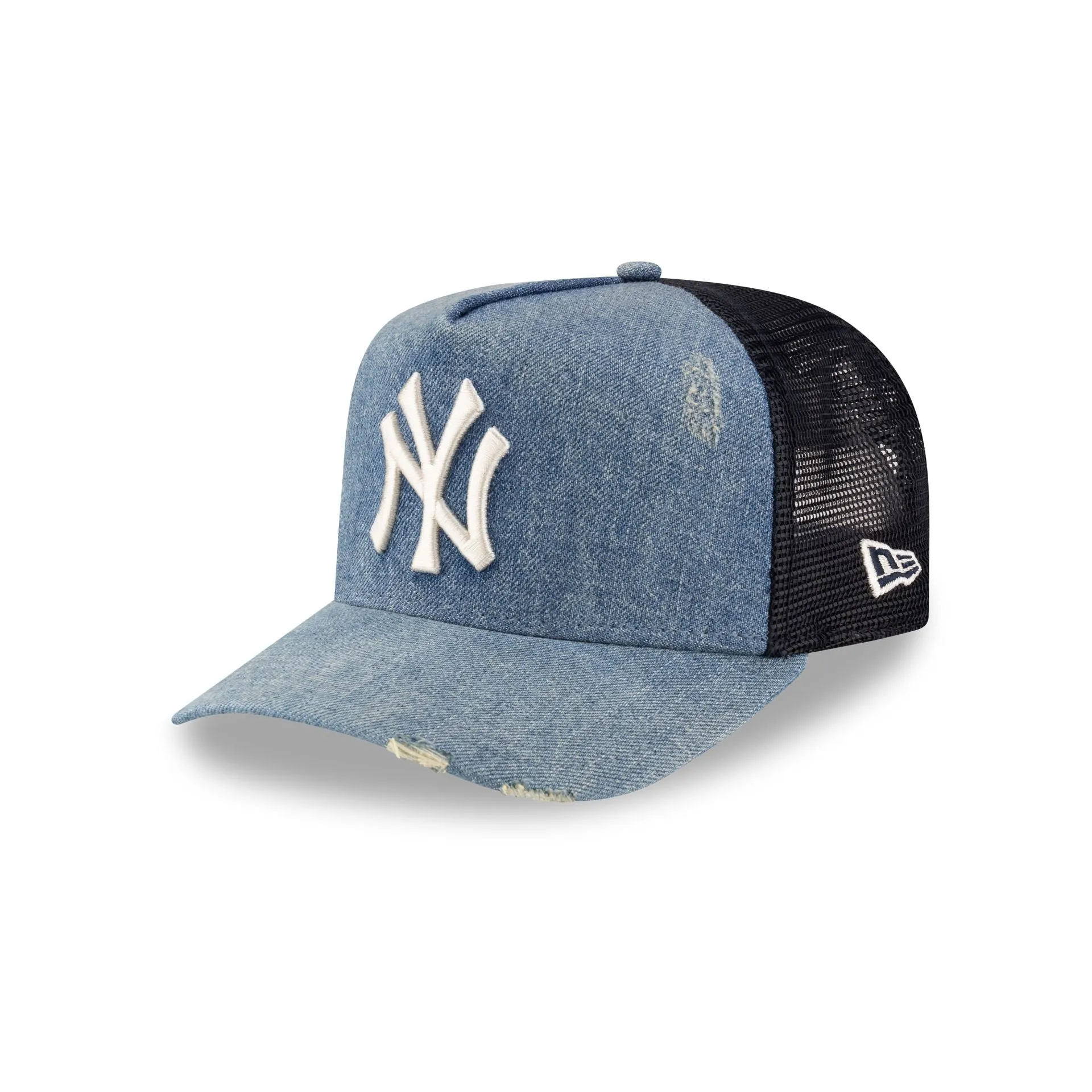 New York Yankees Distressed Light Denim 9FORTY A-Frame Trucker Hat sold by New Era
