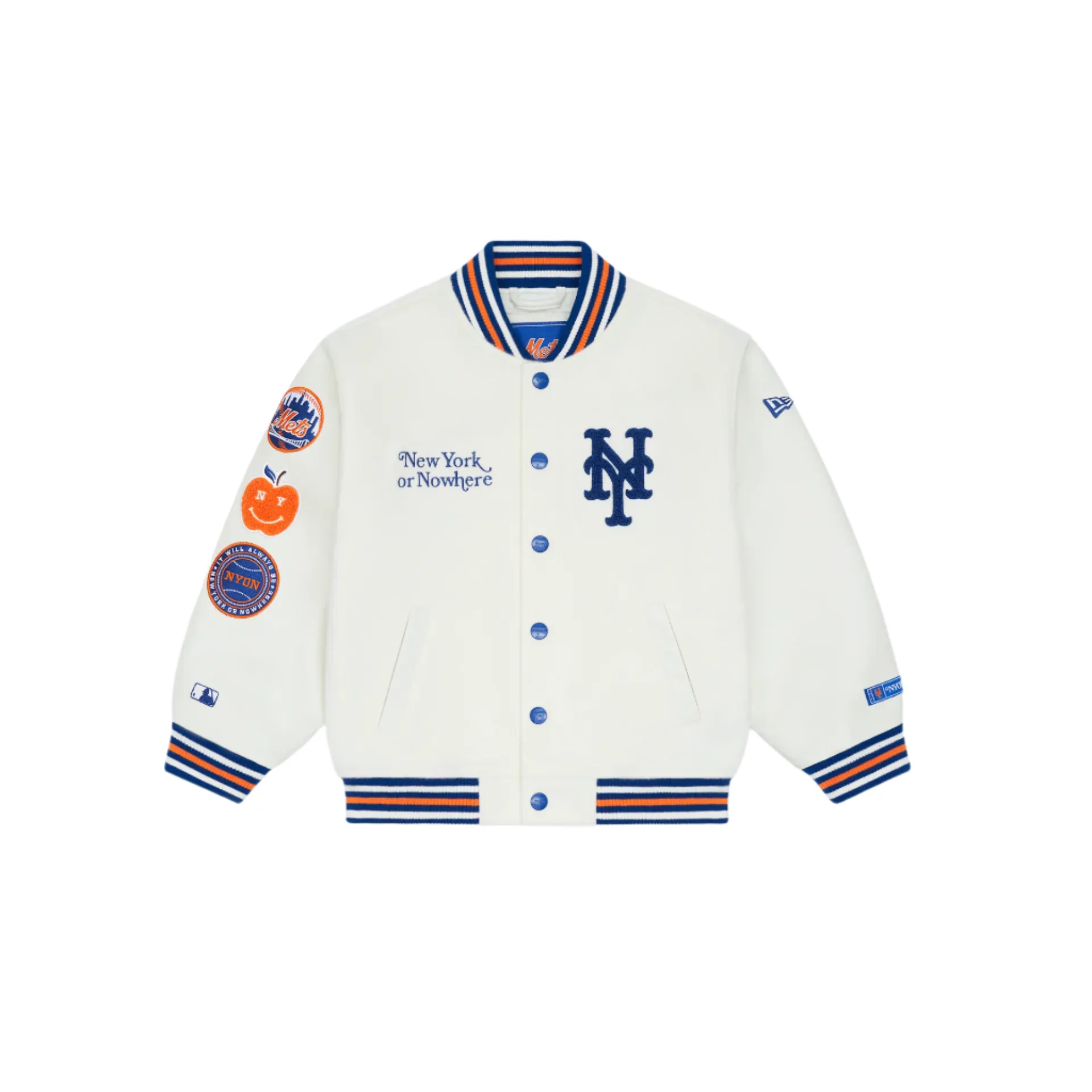 New York or Nowhere x New York Mets Youth Chrome White Motto Varsity Jacket sold by New Era