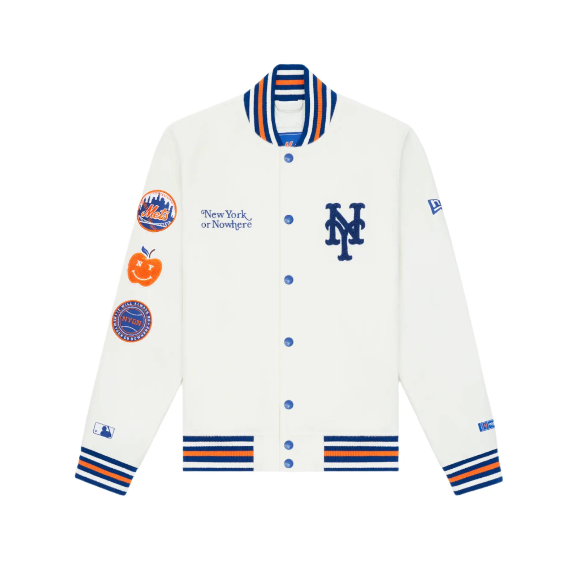 New York or Nowhere x New York Mets Chrome White Motto Varsity Jacket sold by New Era
