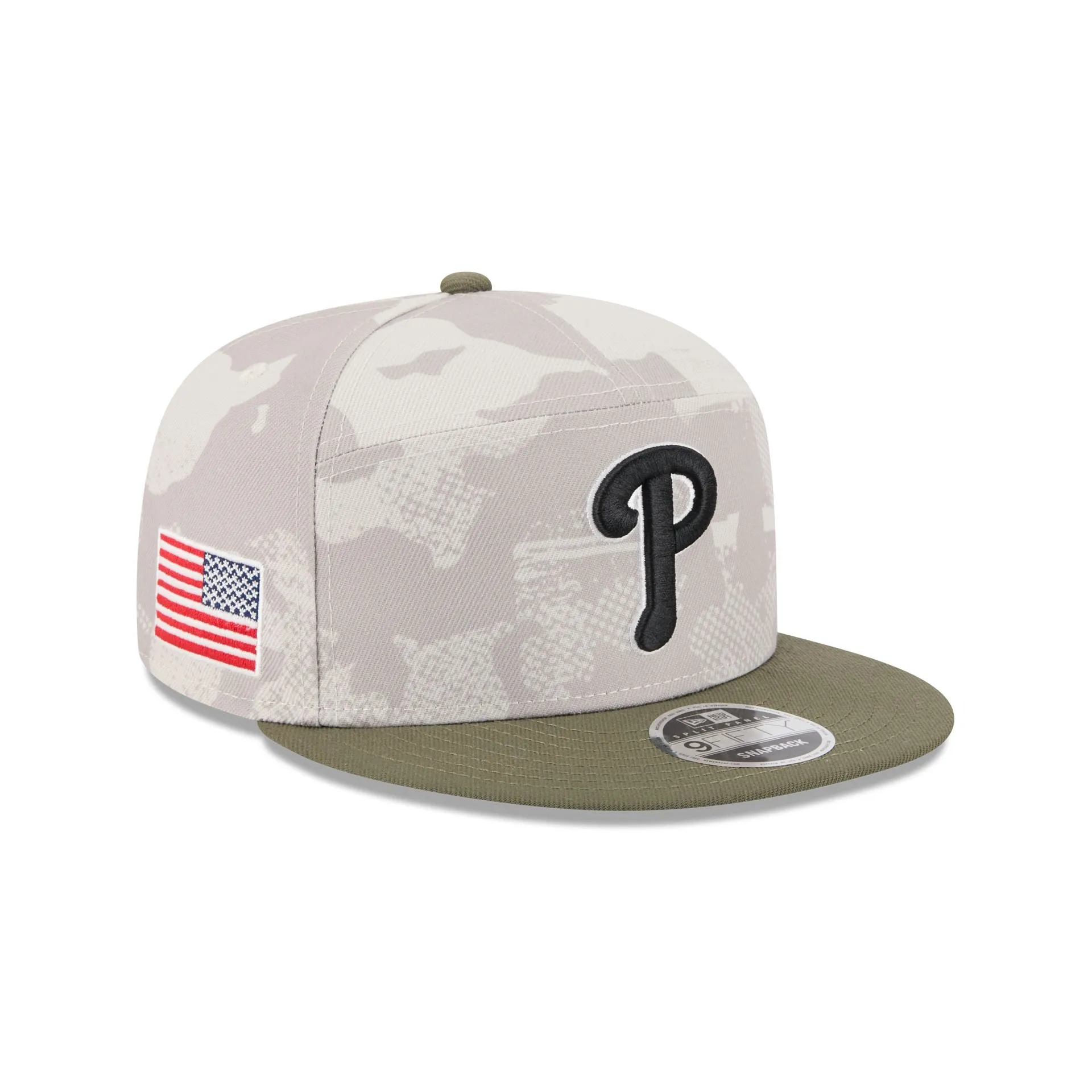 Philadelphia Phillies Armed Forces Day 2025 Split Panel 9FIFTY Snapback Hat sold by New Era
