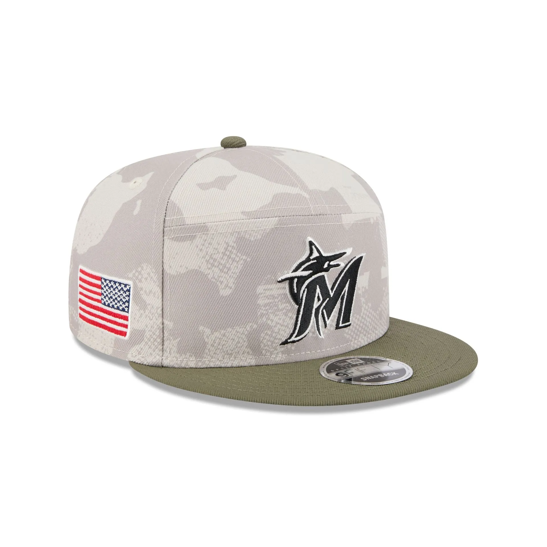 Miami Marlins Armed Forces Day 2025 Split Panel 9FIFTY Snapback Hat sold by New Era