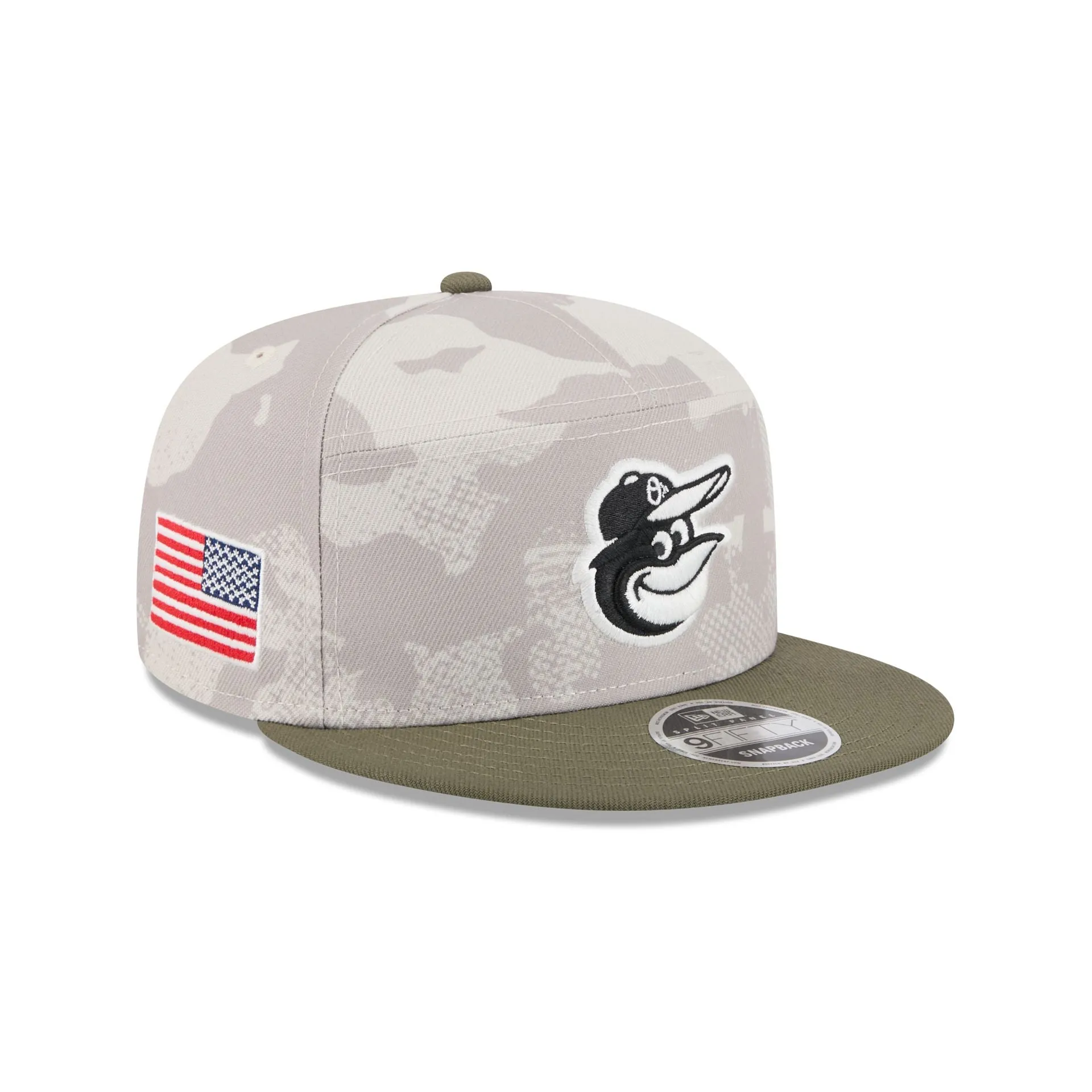 Baltimore Orioles Armed Forces Day 2025 Split Panel 9FIFTY Snapback Hat sold by New Era
