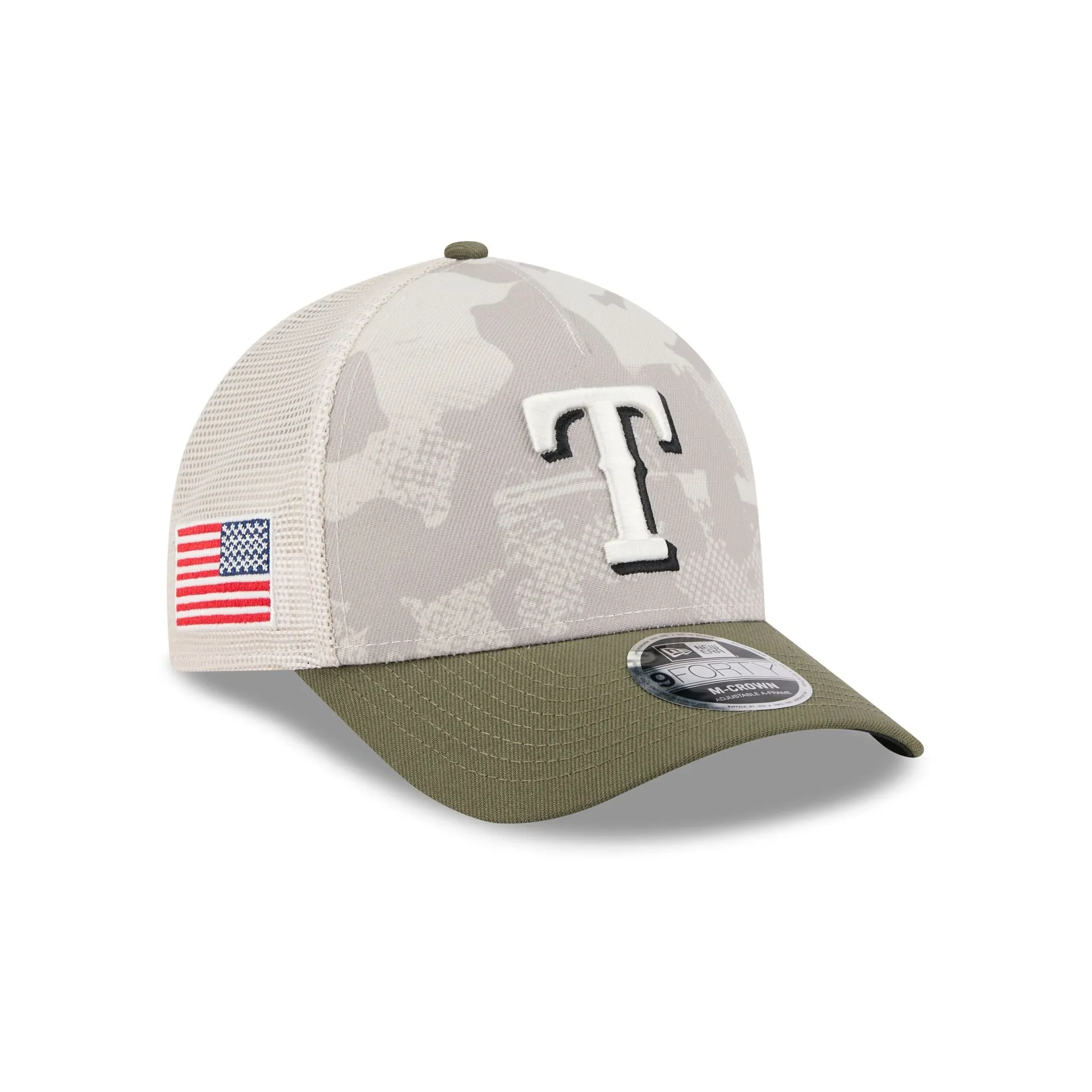 Texas Rangers Armed Forces Day 2025 9FORTY M-Crown A-Frame Trucker Hat sold by New Era