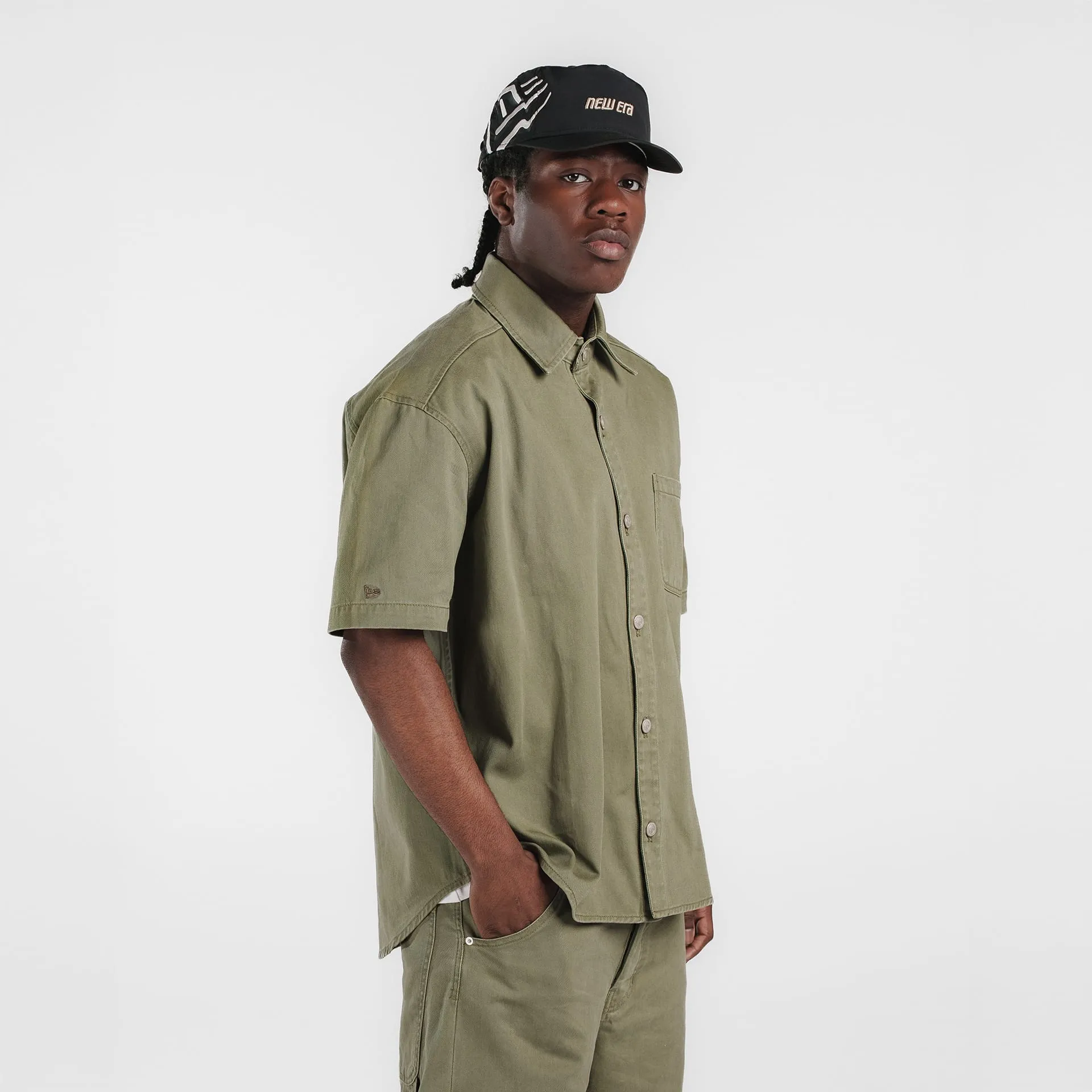 New Era Branded Ellicott Green Bark Twill Half Sleeve Button Up Shirt sold by New Era