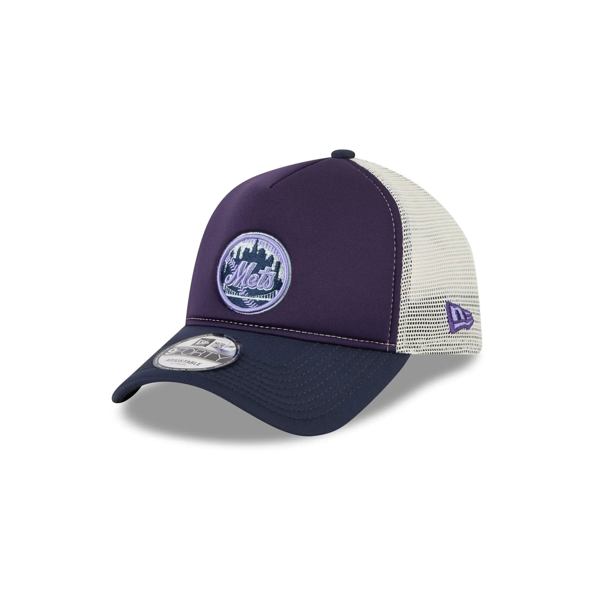 New York Mets Navy Purple 9FORTY A-Frame Trucker Hat sold by New Era