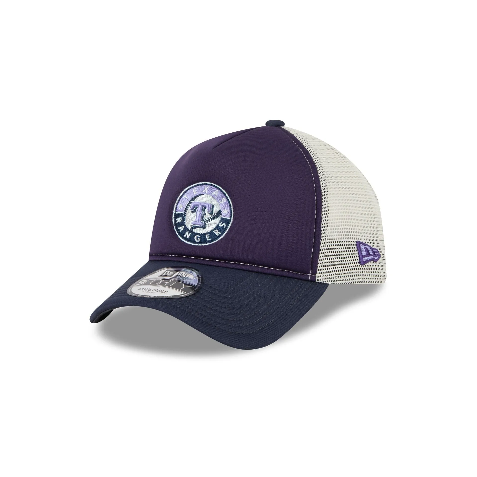 Texas Rangers Navy Purple 9FORTY A-Frame Trucker Hat sold by New Era