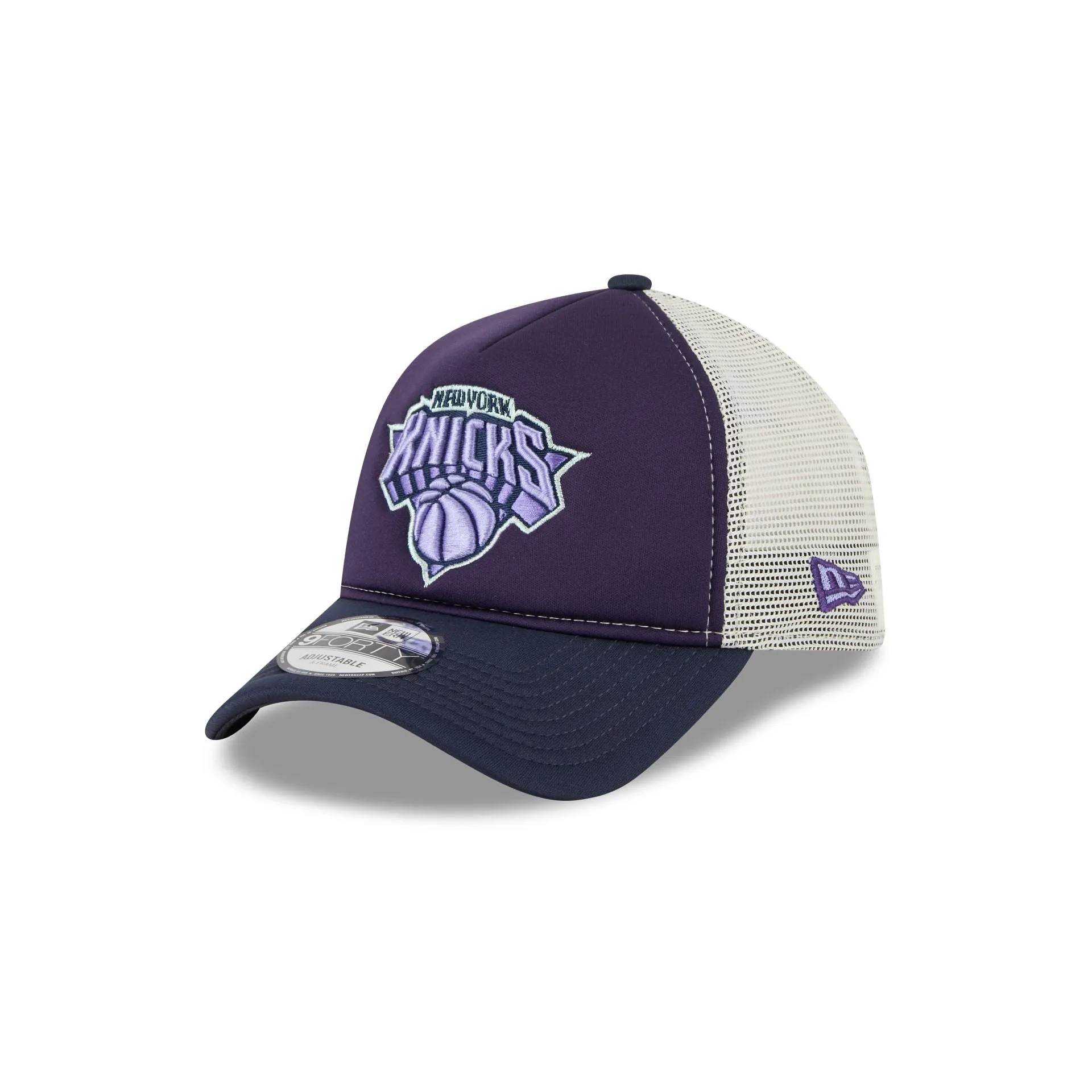 New York Knicks Navy Purple 9FORTY A-Frame Trucker Hat sold by New Era
