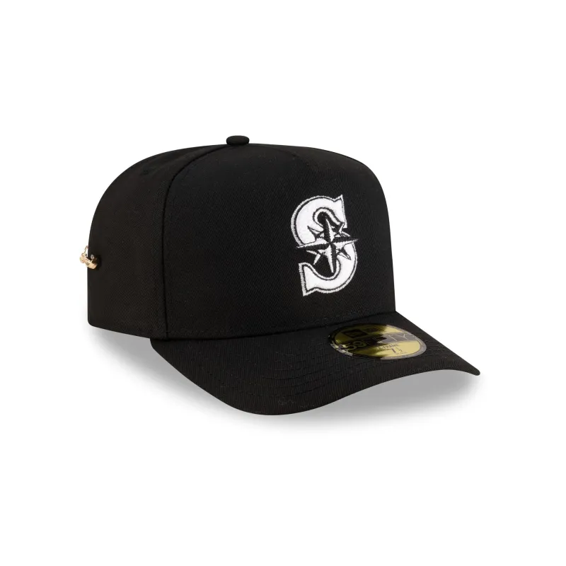 Seattle Mariners Black Script Safety Pin 59FIFTY A-Frame Fitted Hat sold by New Era