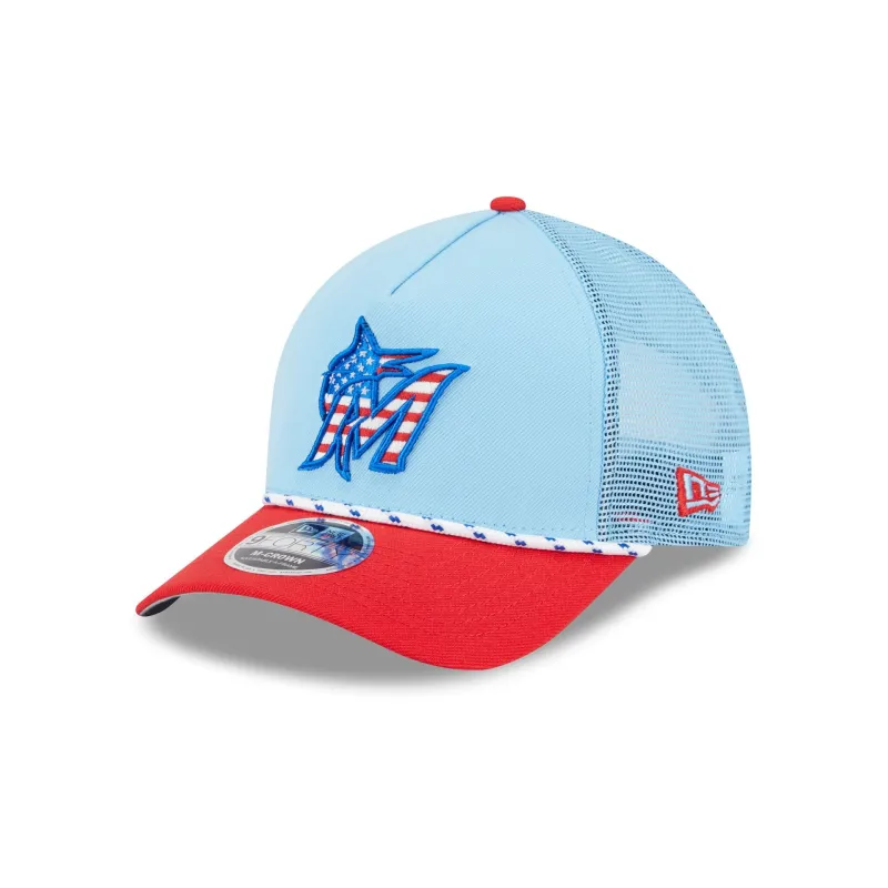 Miami Marlins Independence Day 2025 9FORTY M-Crown A-Frame Trucker Hat sold by New Era