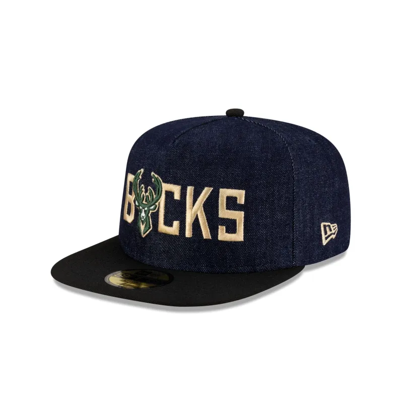 Milwaukee Bucks Navy Denim 59FIFTY A-Frame Fitted Hat sold by New Era