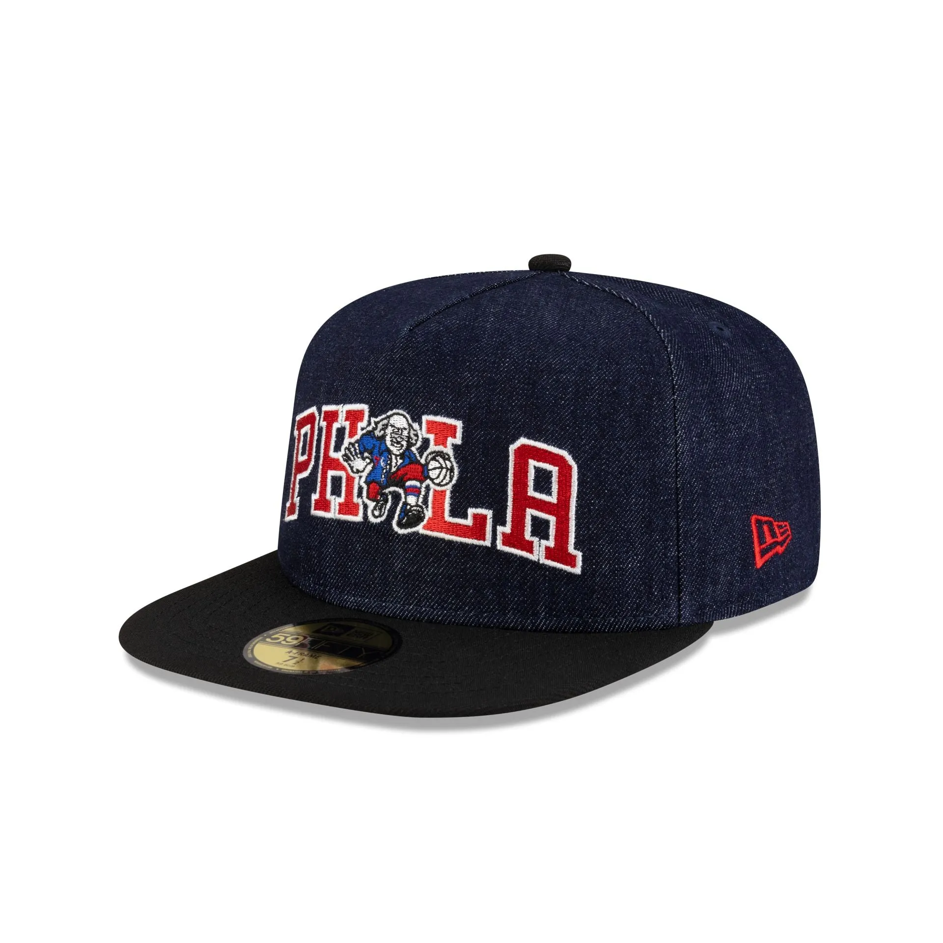 Philadelphia 76ers Navy Denim 59FIFTY A-Frame Fitted Hat sold by New Era