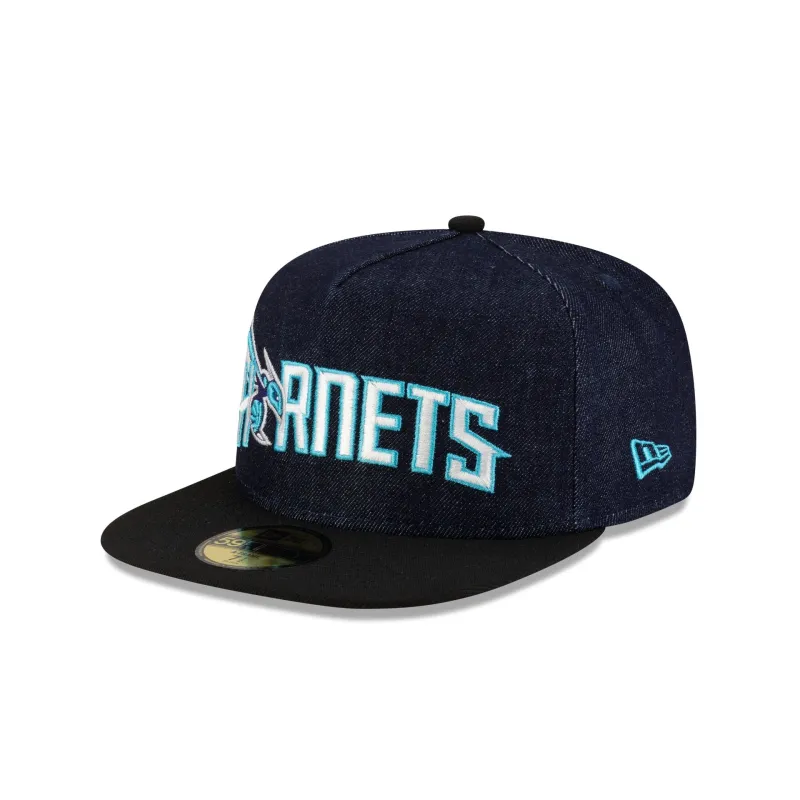 Charlotte Hornets Navy Denim 59FIFTY A-Frame Fitted Hat sold by New Era