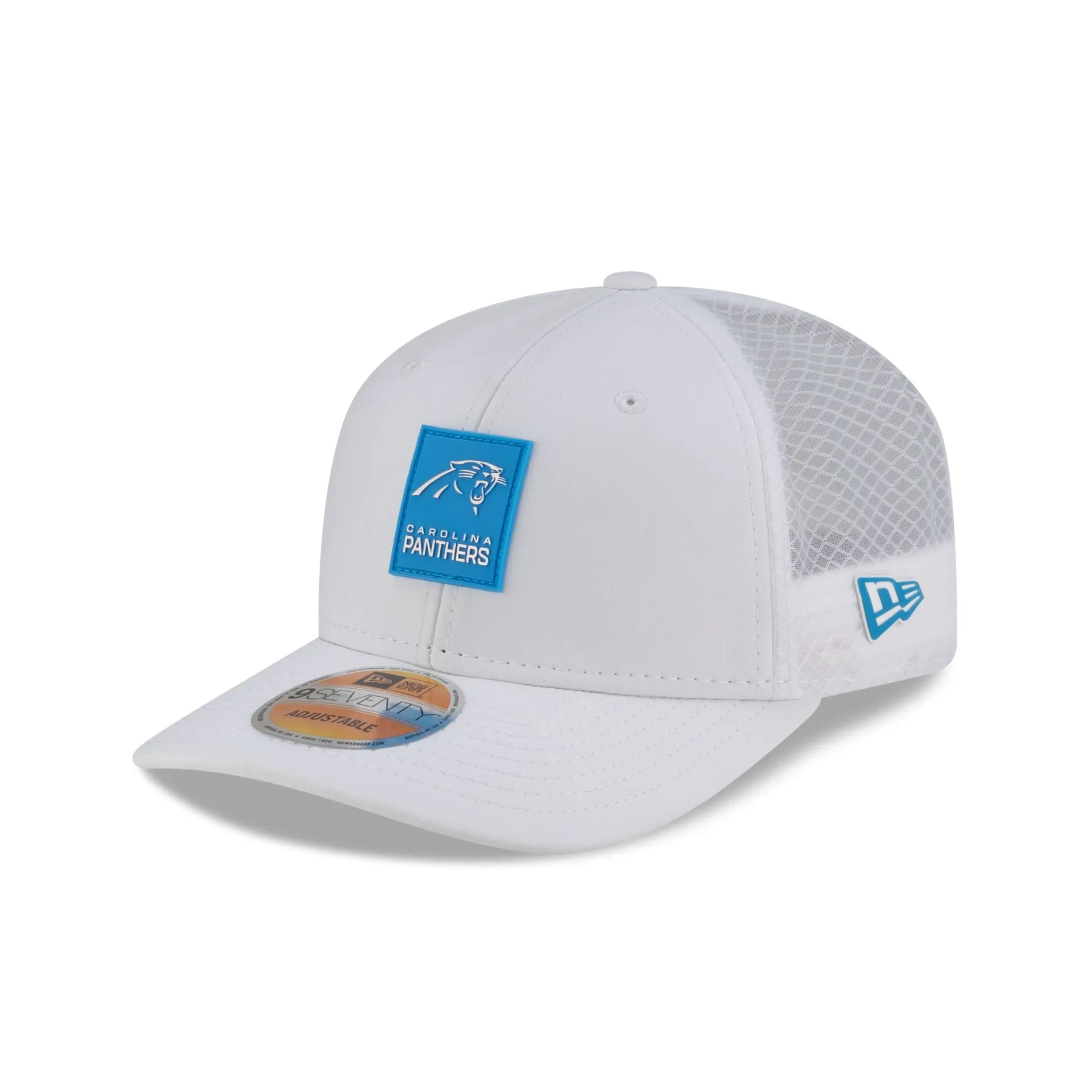 Carolina Panthers 2025 Sideline Hot Weather White 9SEVENTY Trucker Hat sold by New Era