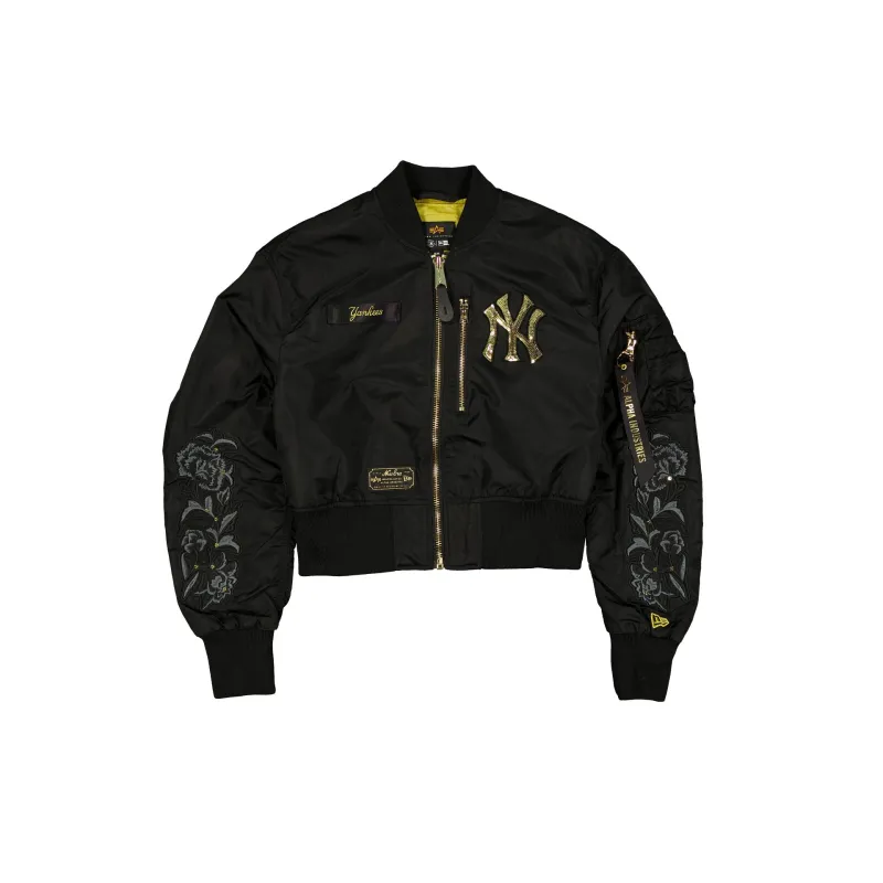 Alpha Industries x New York Yankees Black and Gold Women's Cropped L-2B Bomber Jacket sold by New Era