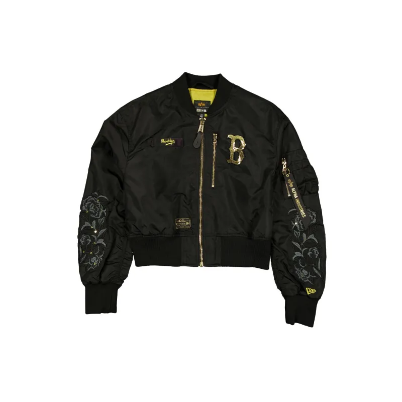 Alpha Industries x Brooklyn Dodgers Cooperstown Black and Gold Women's Cropped L-2B Bomber Jacket sold by New Era