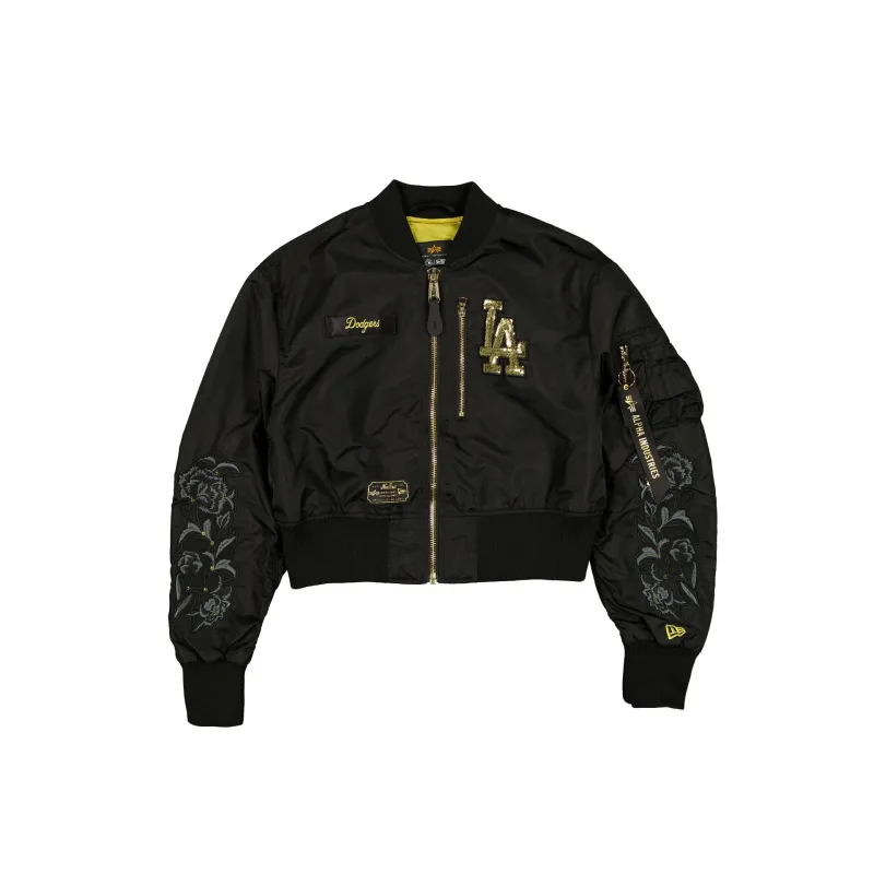 Alpha Industries x Los Angeles Dodgers Black and Gold Women's Cropped L-2B Bomber Jacket sold by New Era