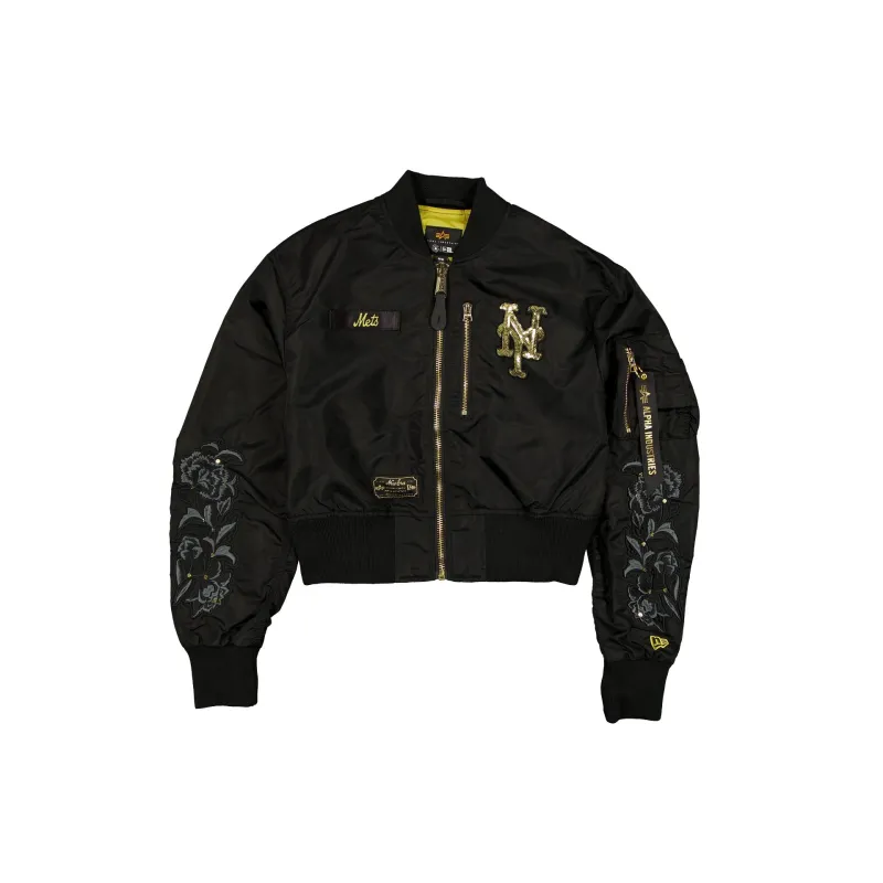 Alpha Industries x New York Mets Black and Gold Women's Cropped L-2B Bomber Jacket sold by New Era