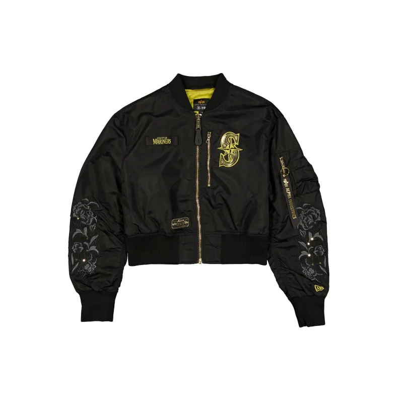 Alpha Industries x Seattle Mariners Black and Gold Women's Cropped L-2B Bomber Jacket sold by New Era