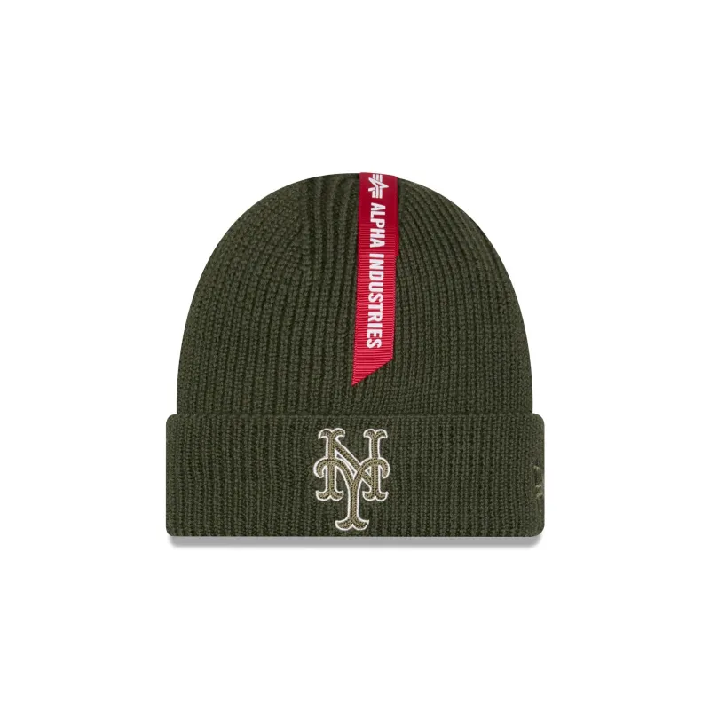 Alpha Industries x New York Mets Olive Green Cuff Knit Hat sold by New Era