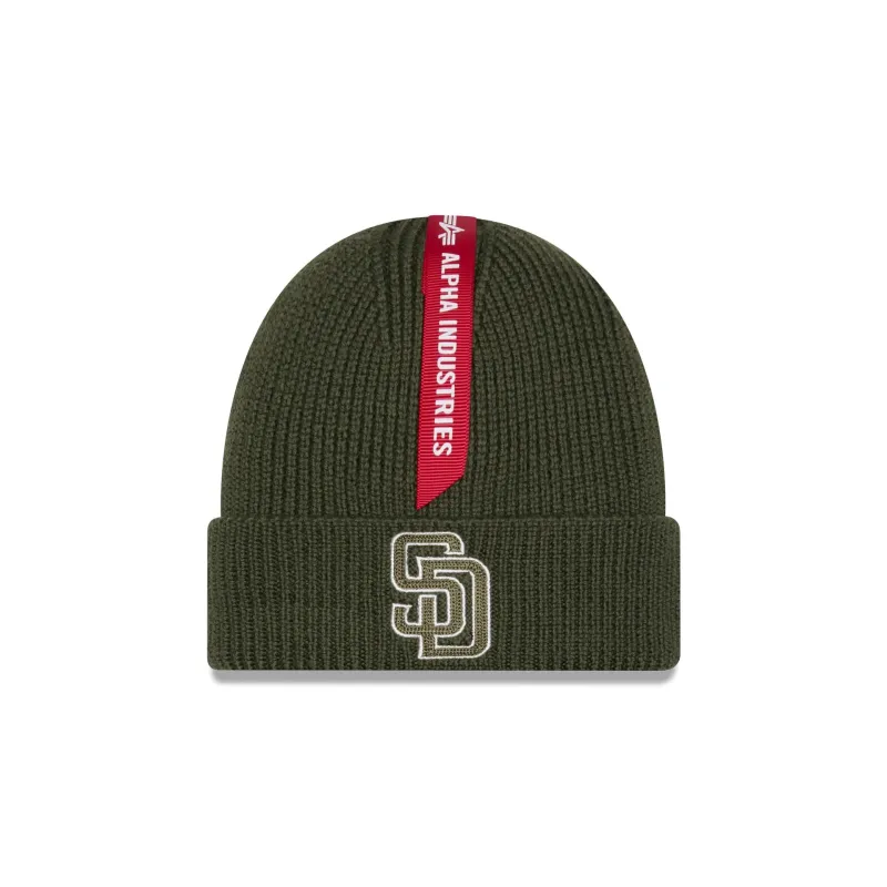 Alpha Industries x San Diego Padres Olive Green Cuff Knit Hat sold by New Era