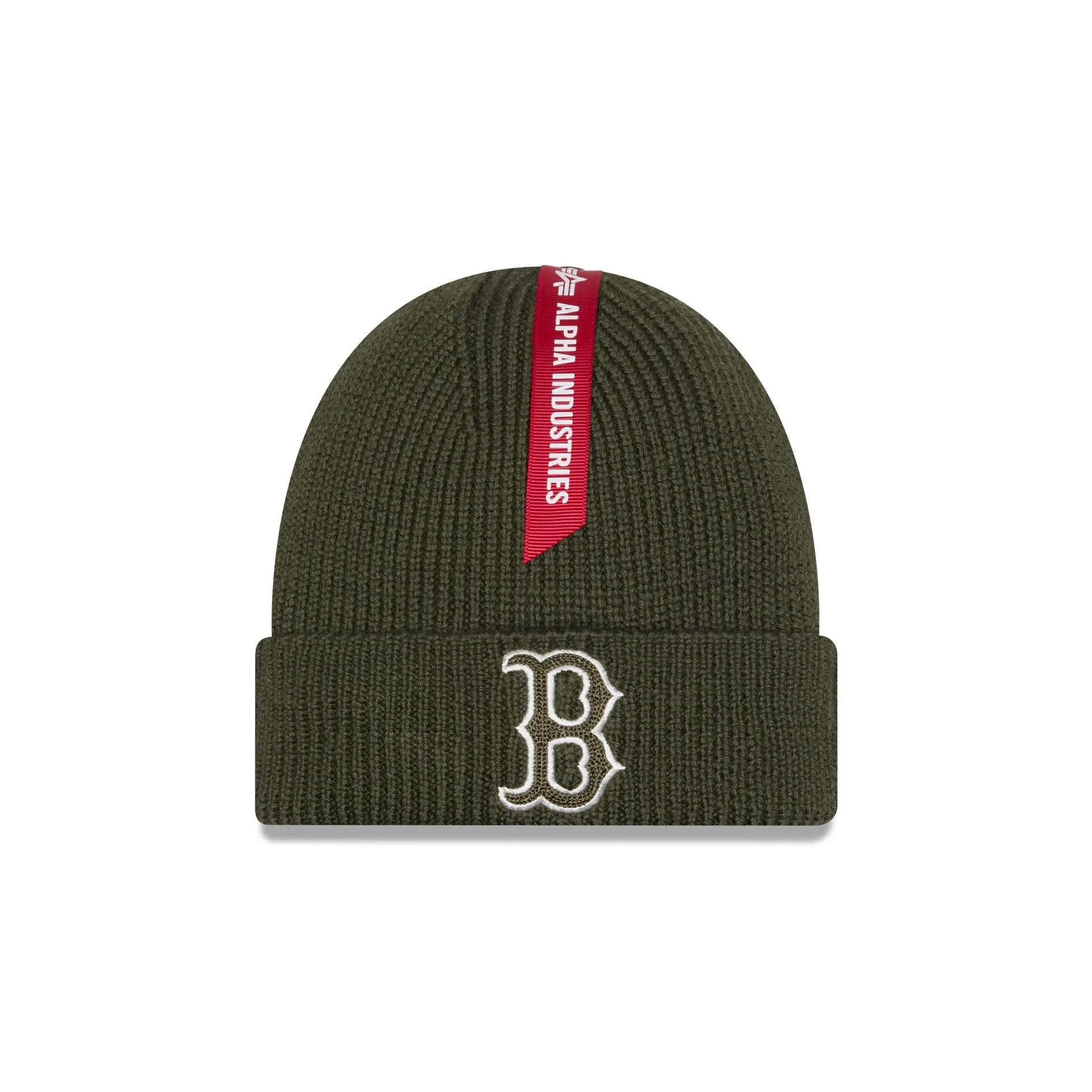 Alpha Industries x Boston Red Sox Olive Green Cuff Knit Hat sold by New Era