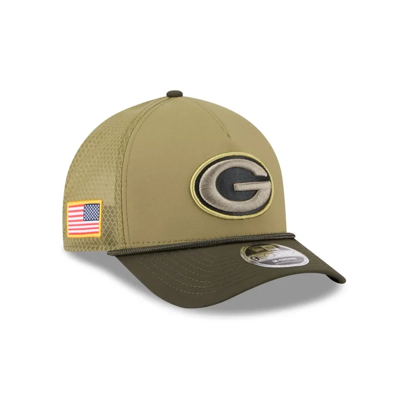 Green Bay Packers 2025 Salute to Service 9FORTY M-Crown A-Frame Trucker Hat sold by New Era