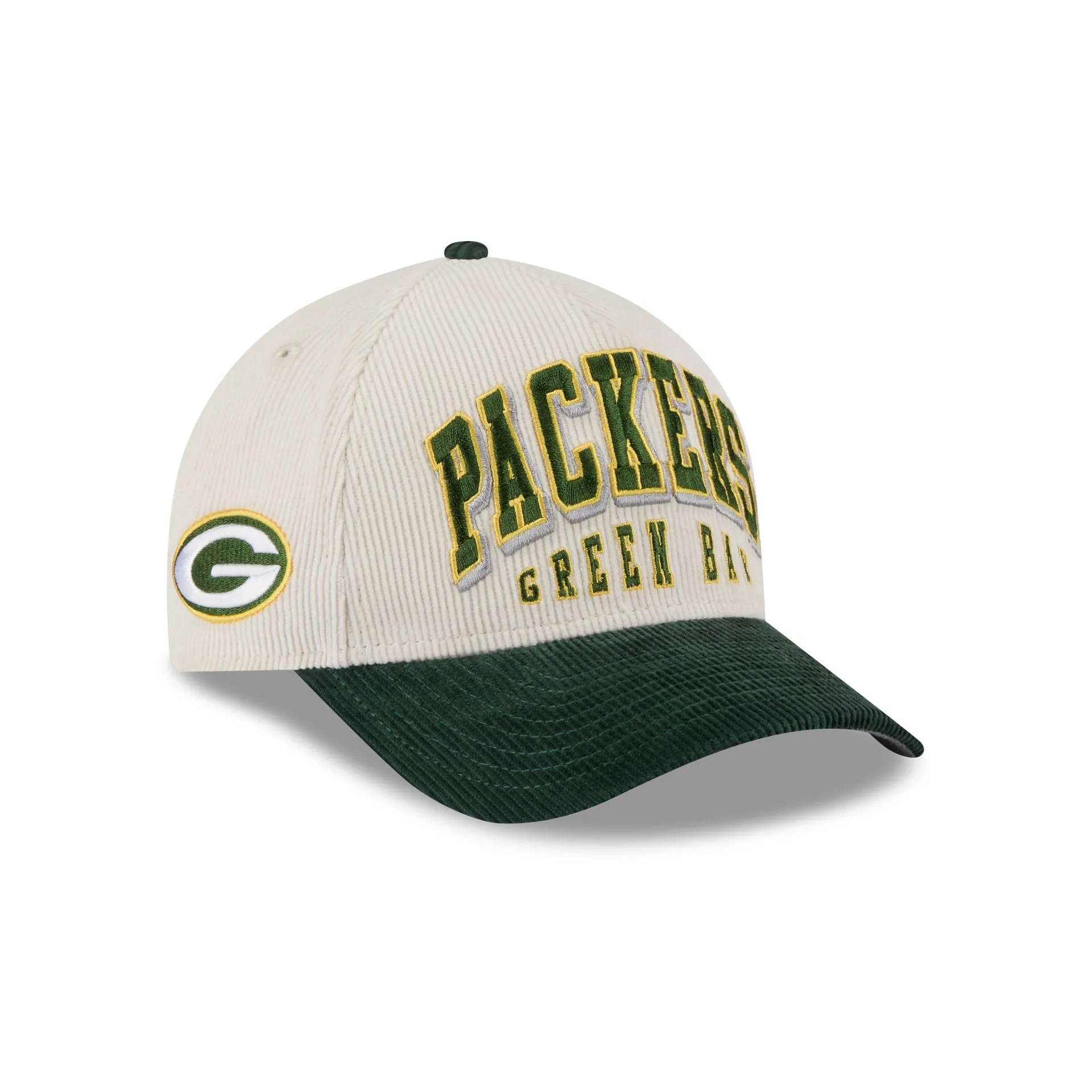 Green Bay Packers Stacked Corduroy 9FORTY M-Crown A-Frame Snapback Hat sold by New Era