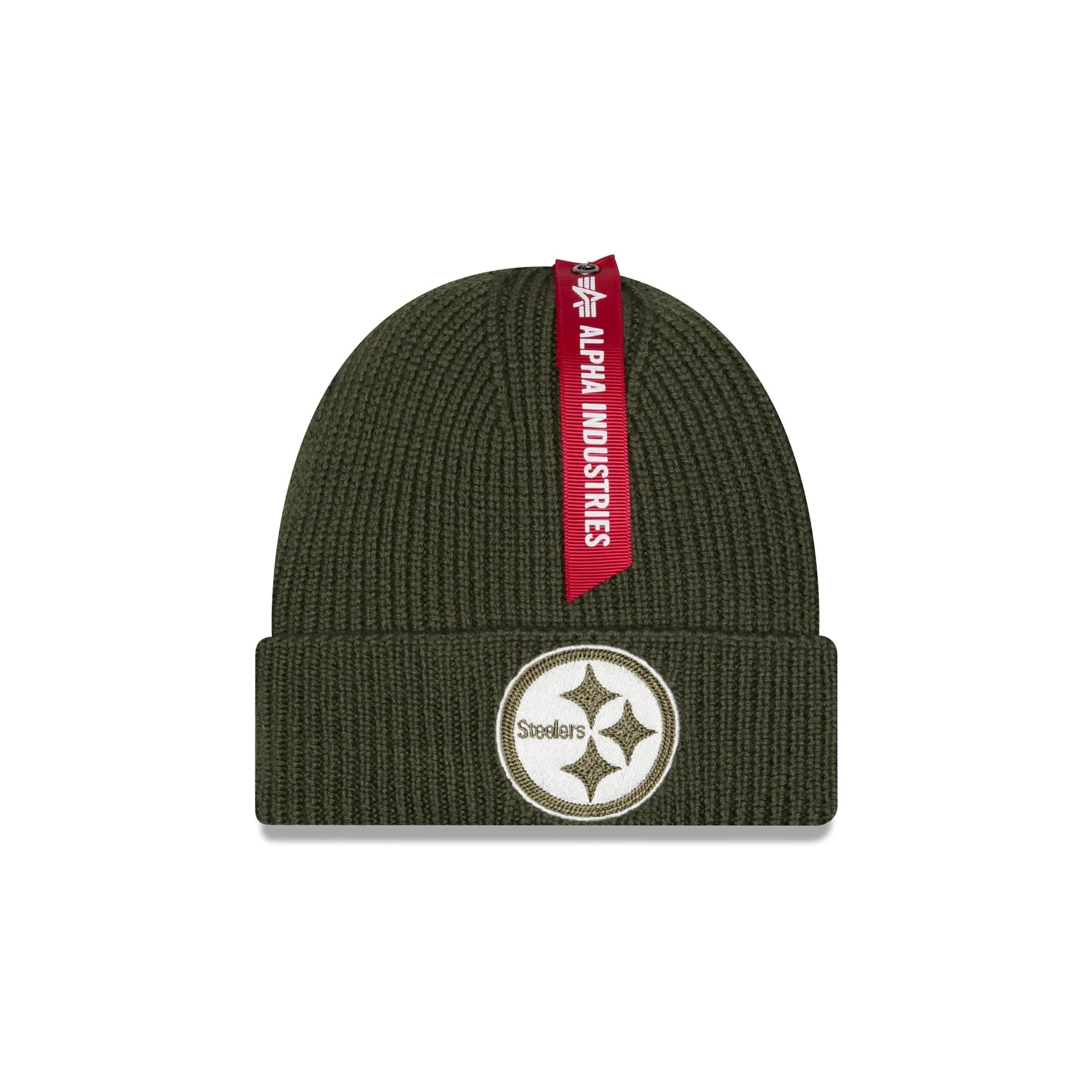 Alpha Industries x Pittsburgh Steelers Olive Green Cuff Knit Hat sold by New Era