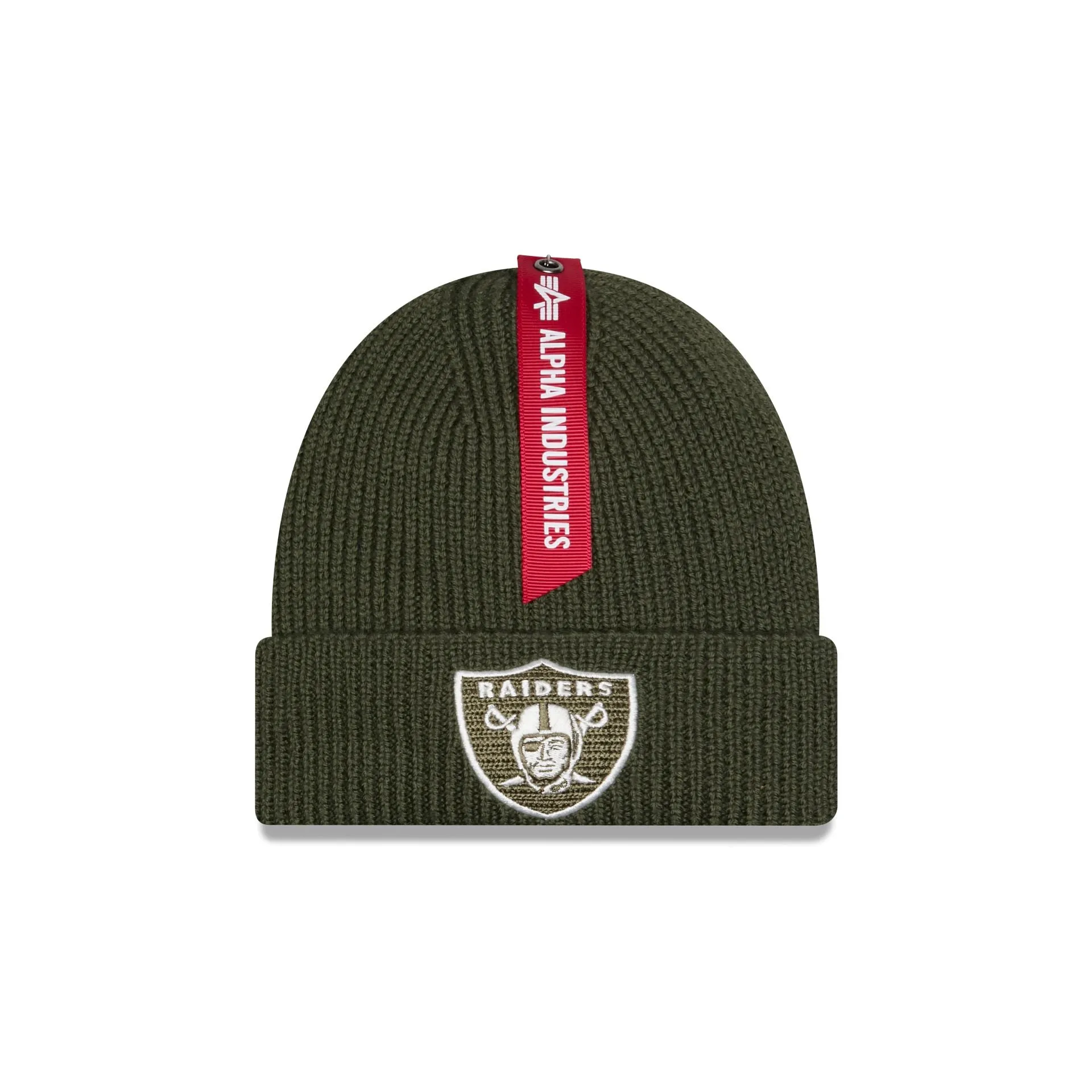 Alpha Industries x Las Vegas Raiders Olive Green Cuff Knit Hat sold by New Era
