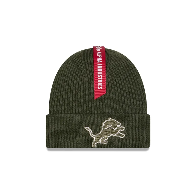 Alpha Industries x Detroit Lions Olive Green Cuff Knit Hat sold by New Era