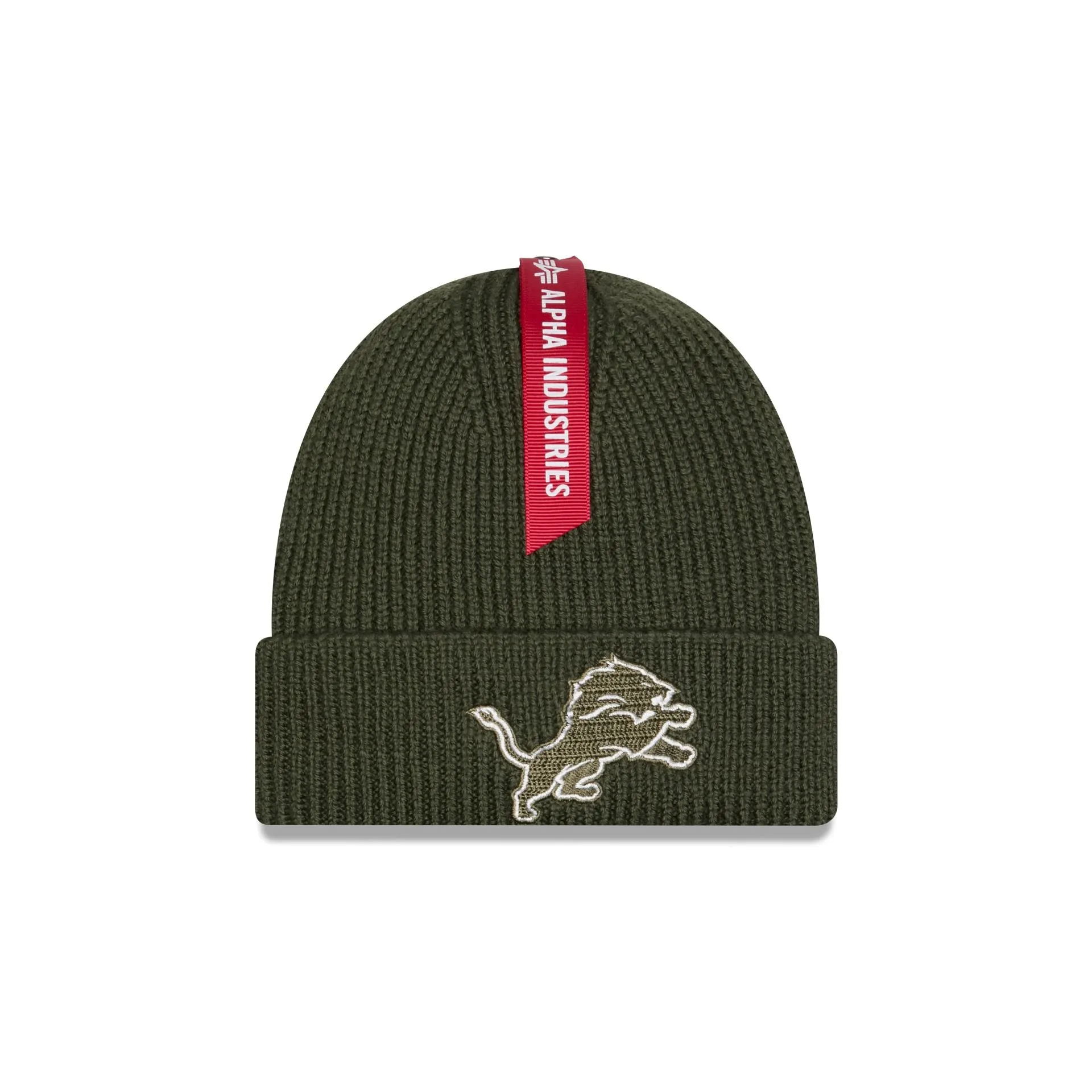 Alpha Industries x Detroit Lions Olive Green Cuff Knit Hat sold by New Era