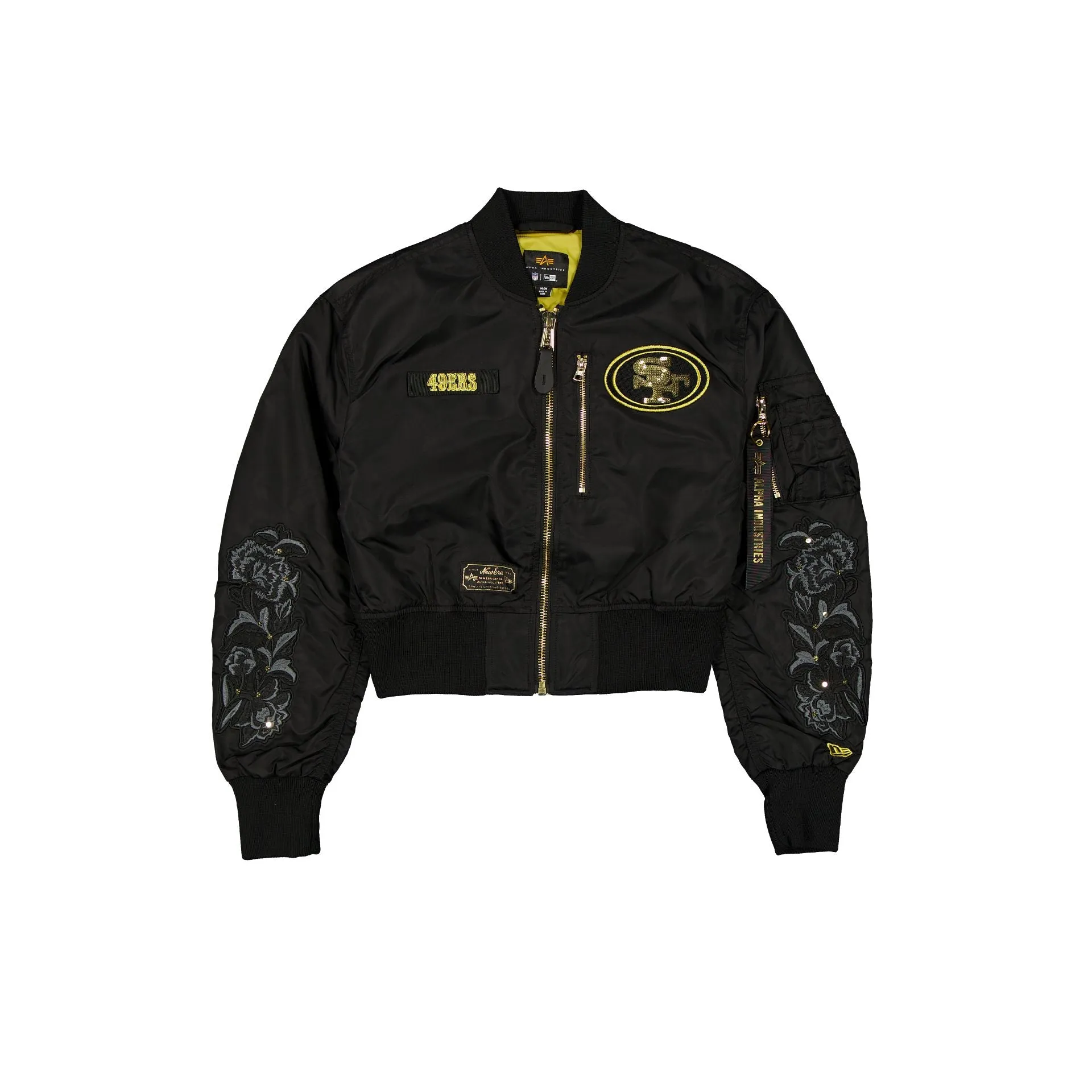 Alpha Industries x San Francisco 49ers Black and Gold Women's Cropped L-2B Bomber Jacket sold by New Era