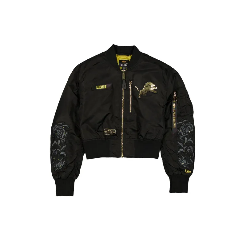 Alpha Industries x Detroit Lions Black and Gold Women's Cropped L-2B Bomber Jacket sold by New Era