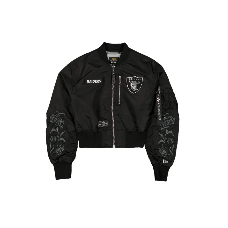 Alpha Industries x Las Vegas Raiders Black and Silver Women's Cropped L-2B Bomber Jacket sold by New Era