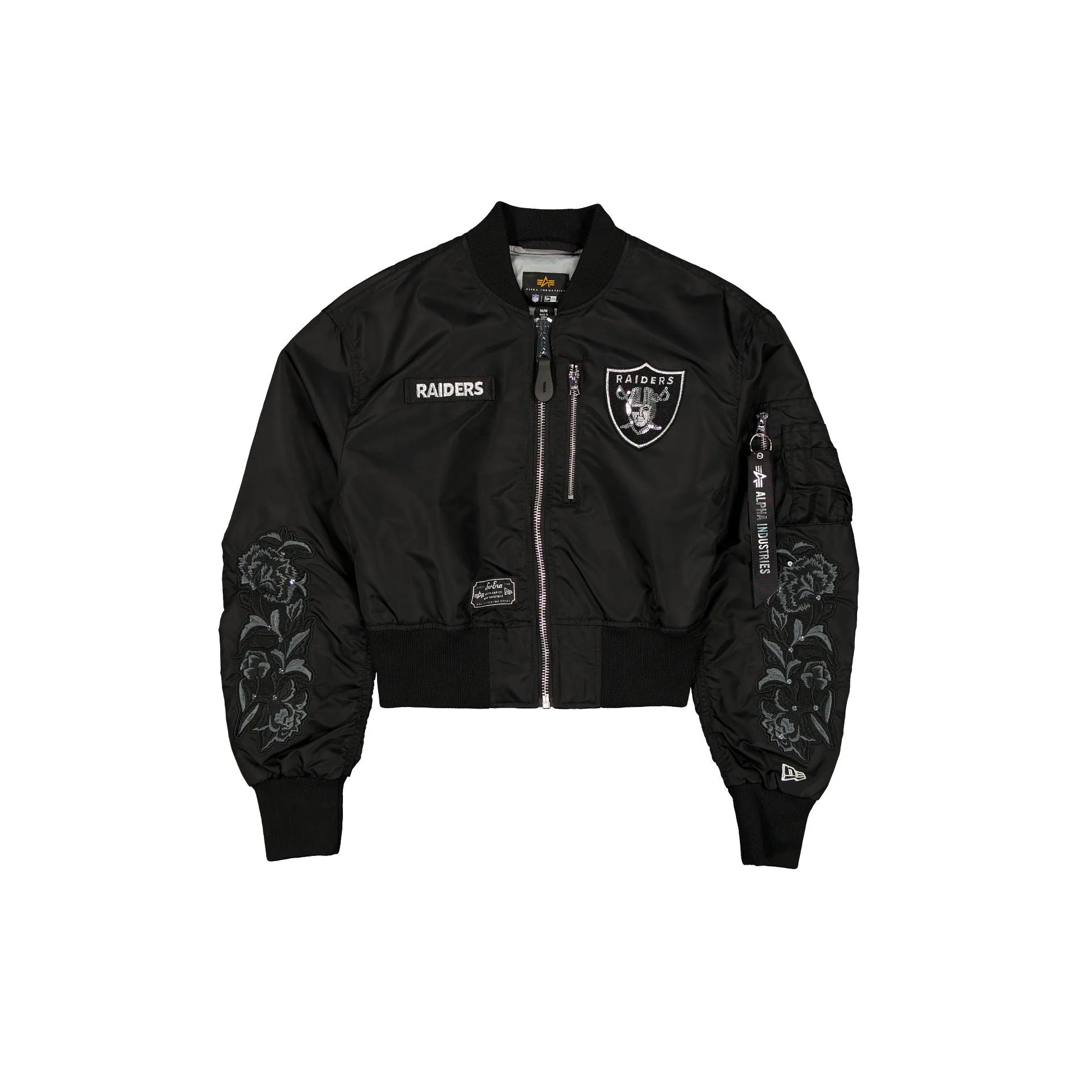 Alpha Industries x Las Vegas Raiders Black and Silver Women's Cropped L-2B Bomber Jacket sold by New Era