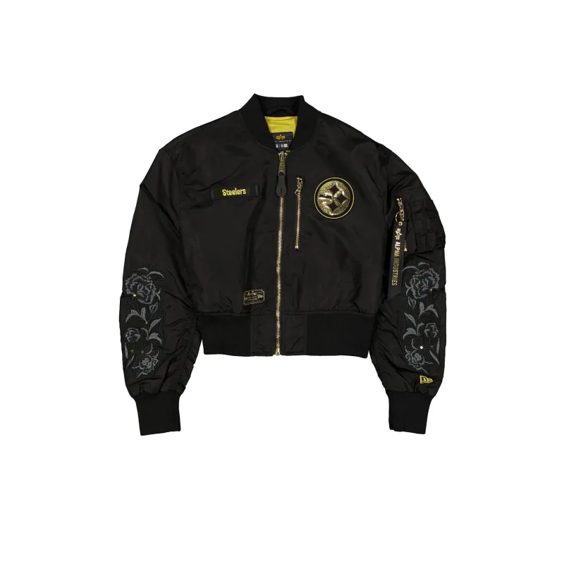 Alpha Industries x Pittsburgh Steelers Black and Gold Women's Cropped L-2B Bomber Jacket sold by New Era