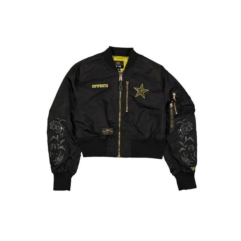 Alpha Industries x Dallas Cowboys Black and Gold Women's Cropped L-2B Bomber Jacket sold by New Era