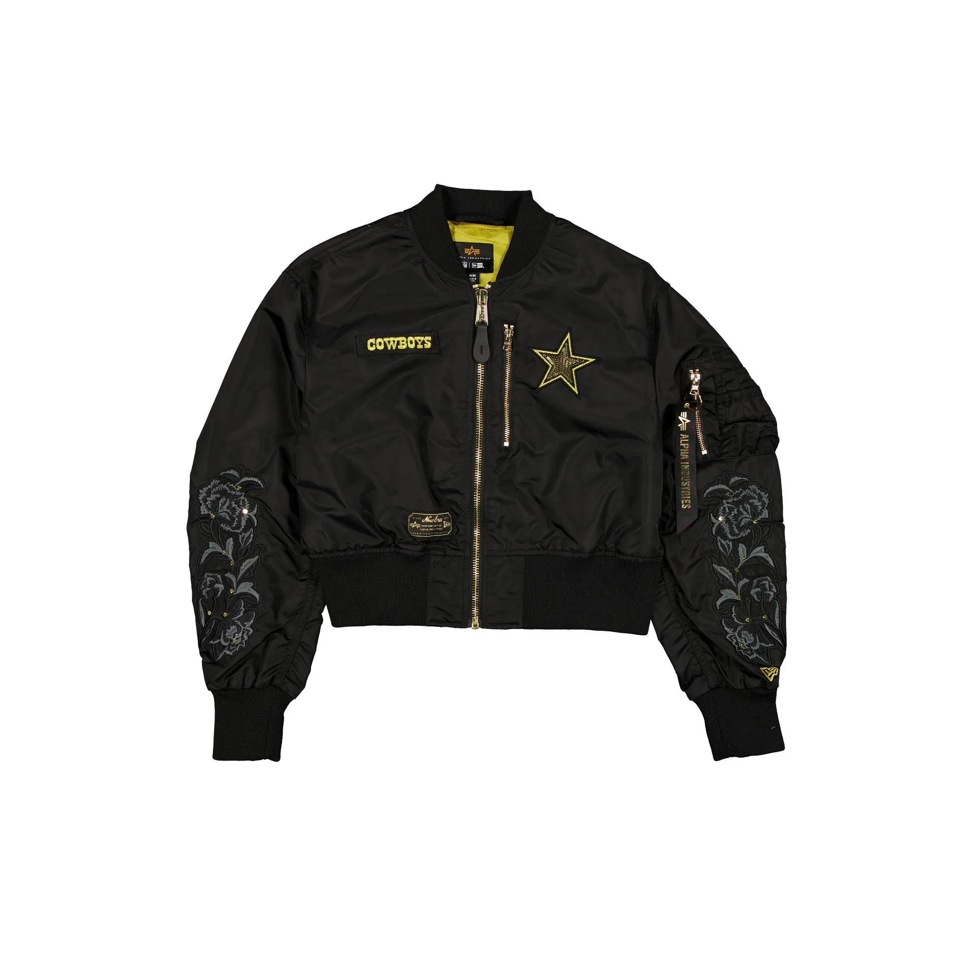 Alpha Industries x Dallas Cowboys Black and Gold Women's Cropped L-2B Bomber Jacket sold by New Era