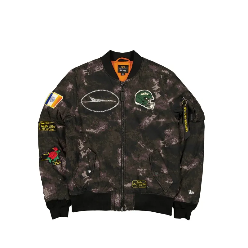 Alpha Industries x New York Jets Black Camo MA-1 Bomber Jacket sold by New Era