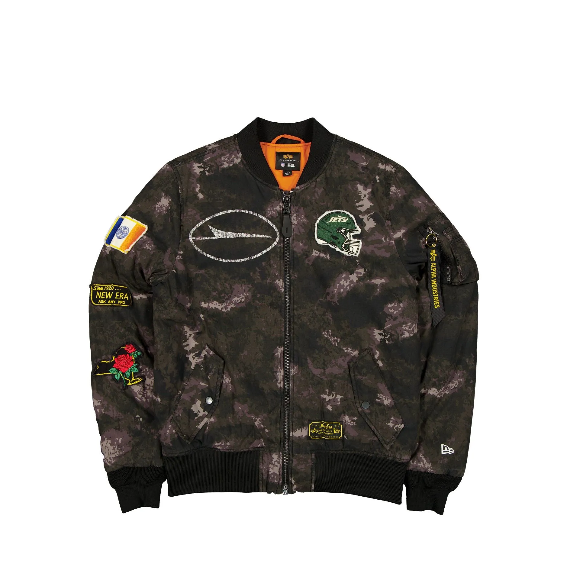 Alpha Industries x New York Jets Black Camo MA-1 Bomber Jacket sold by New Era
