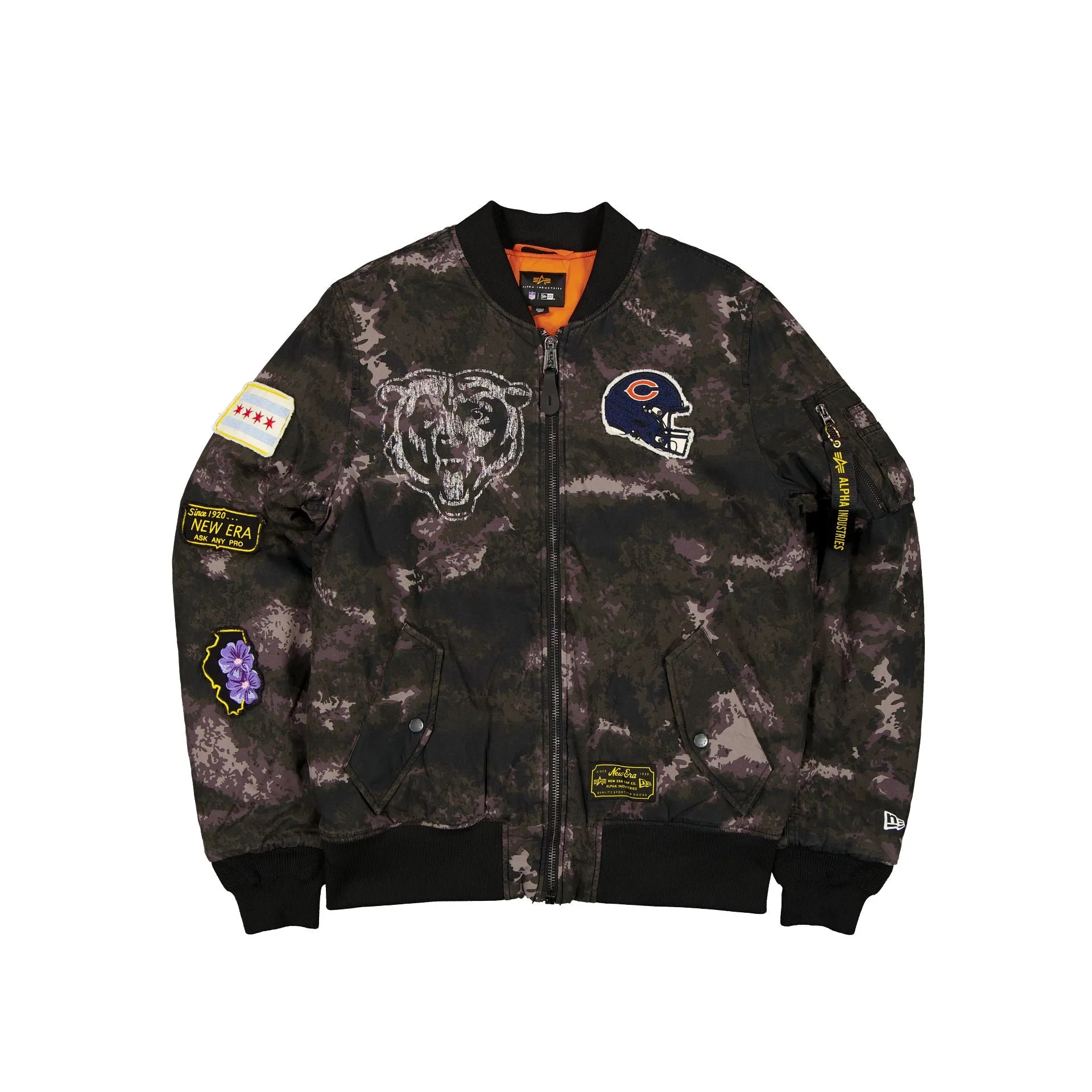 Alpha Industries x Chicago Bears Black Camo MA-1 Bomber Jacket sold by New Era