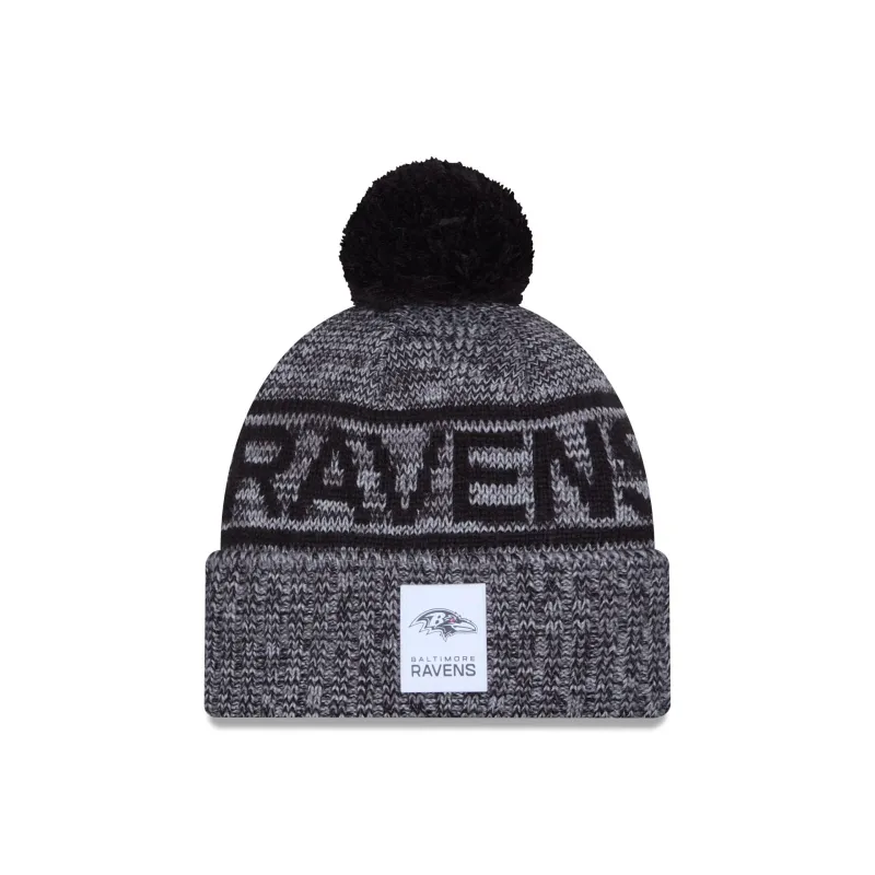 Baltimore Ravens 2025 Sideline Cold Weather Gray Pom Knit Hat sold by New Era