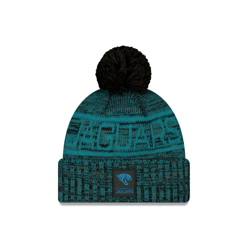 Jacksonville Jaguars 2025 Sideline Cold Weather Black Pom Knit Hat sold by New Era