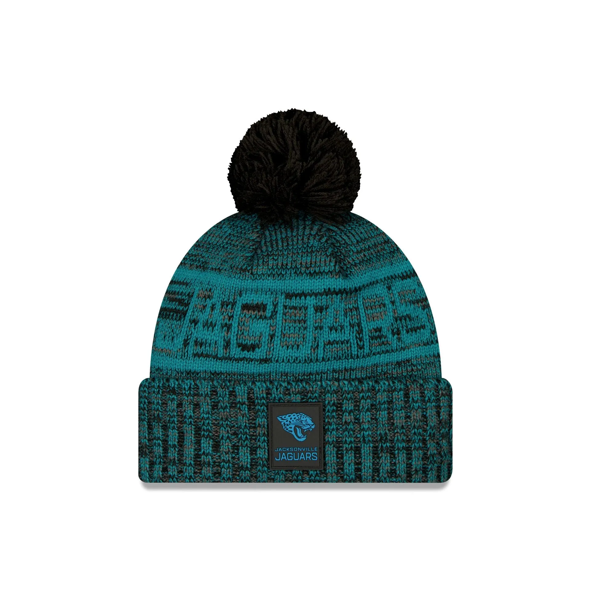 Jacksonville Jaguars 2025 Sideline Cold Weather Black Pom Knit Hat sold by New Era