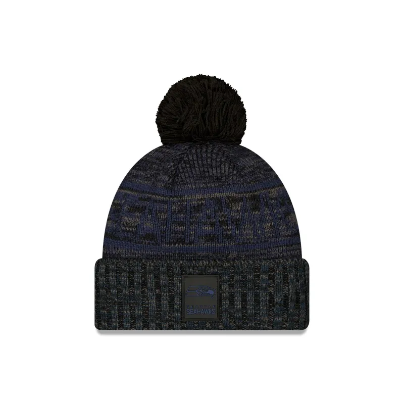 Seattle Seahawks 2025 Sideline Cold Weather Black Pom Knit Hat sold by New Era